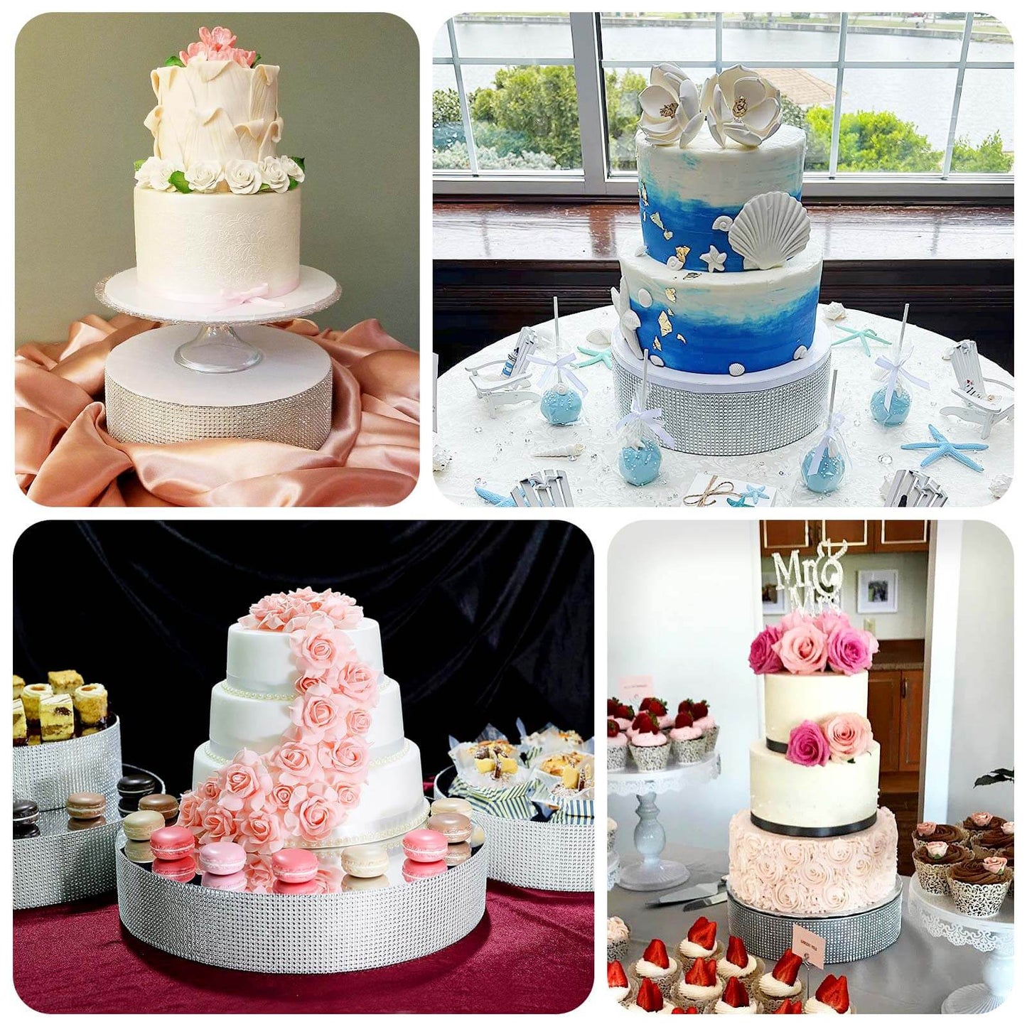 Metal Pedestal Cake Stand Round Design with Rhinestones Silver - Cupcake Holder and Dessert Table Centerpiece 12"