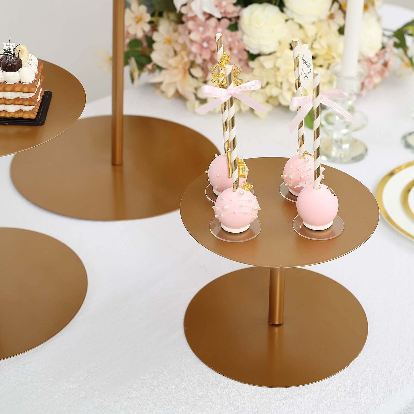 Set of 3 Metal Pedestal Cake Stands Heavy Duty Round Design Gold - Cupcake Dessert Display Props 8", 10", 12"