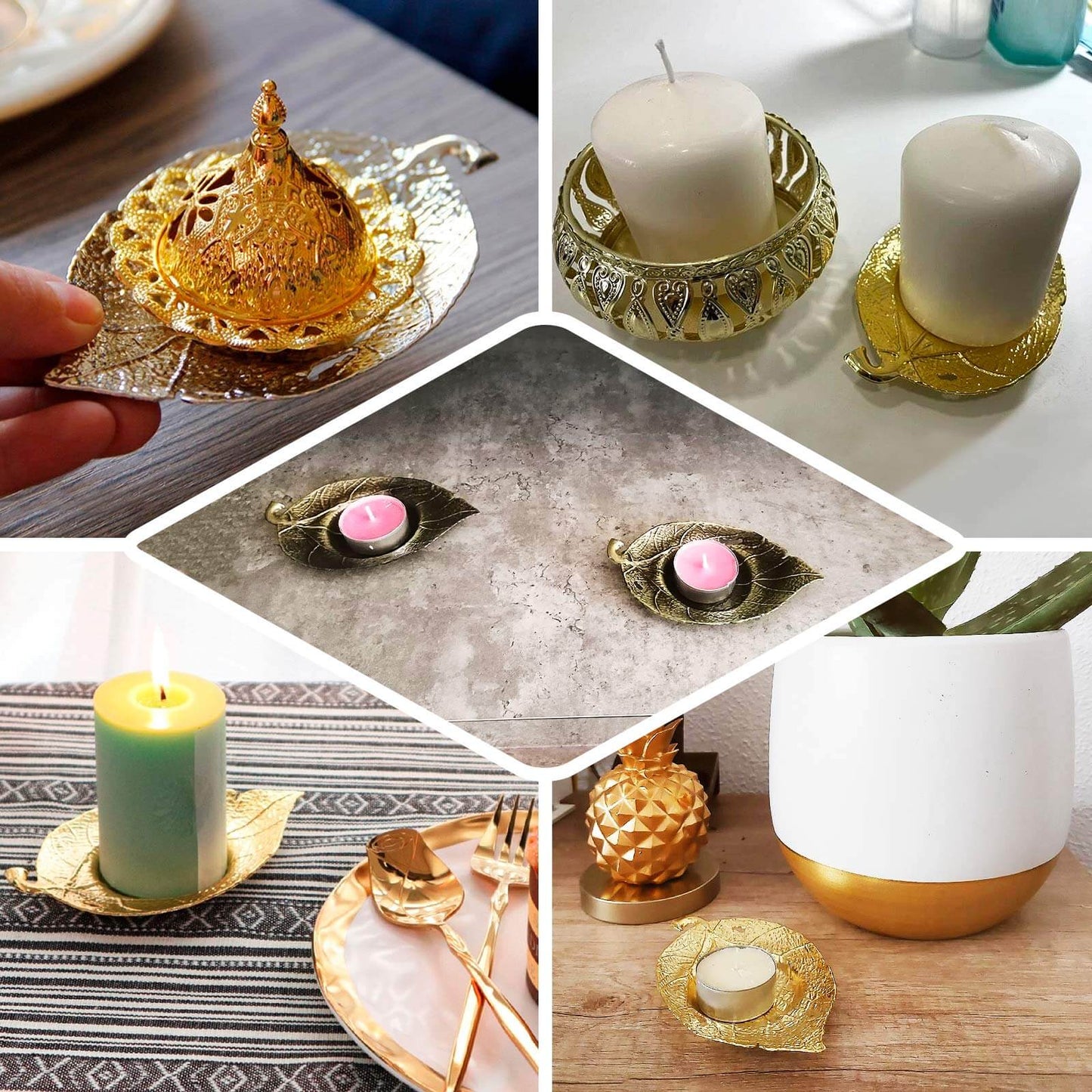 3-Pack Metal Votive Candle Holders Maple Leaf Design Shiny Silver - Vintage Mini Tea Cup Saucers 5"