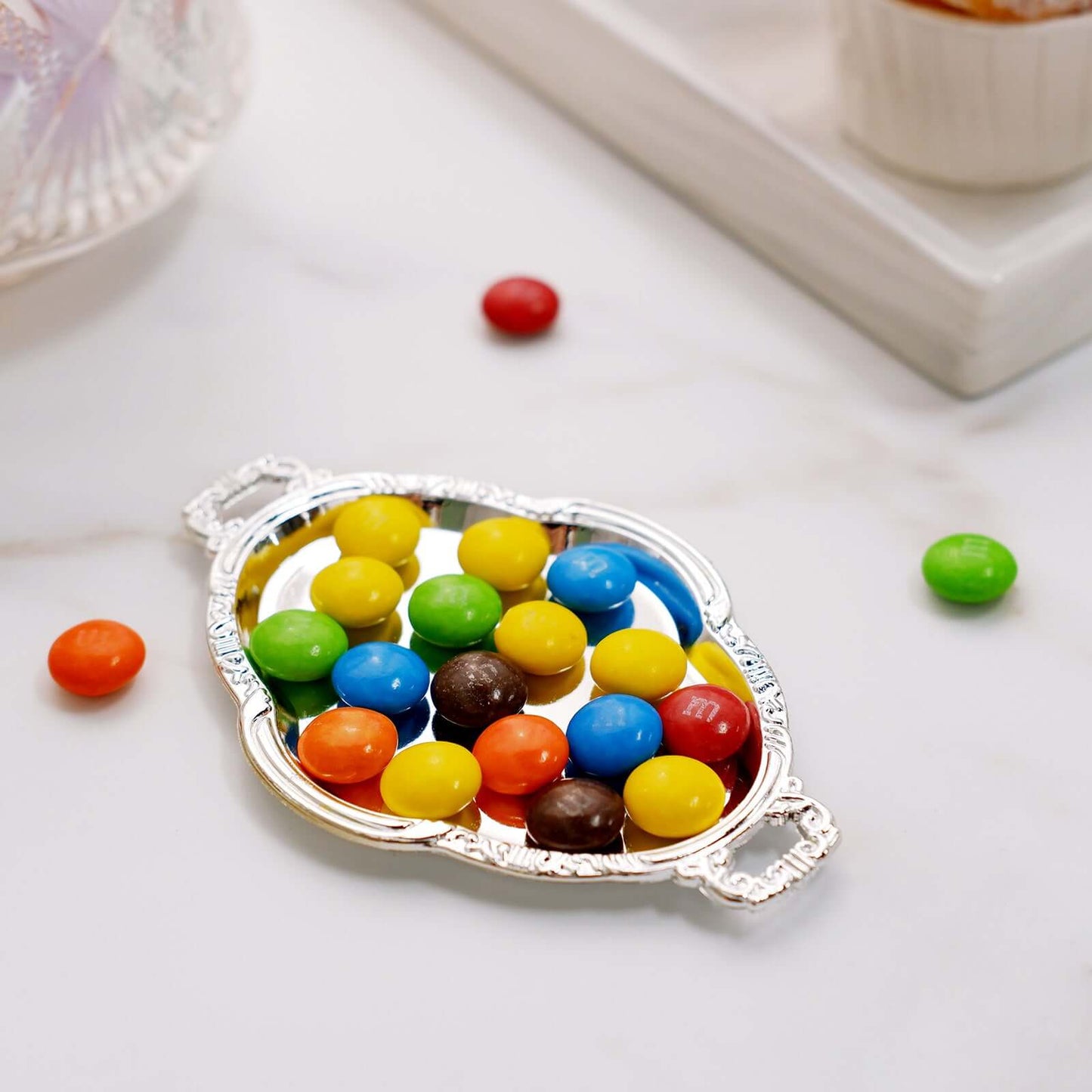 12-Pack Display Trays Party Favor Baroque Oval Design Silver - Mini Serving Platters for Sweets and Desserts 4.5"