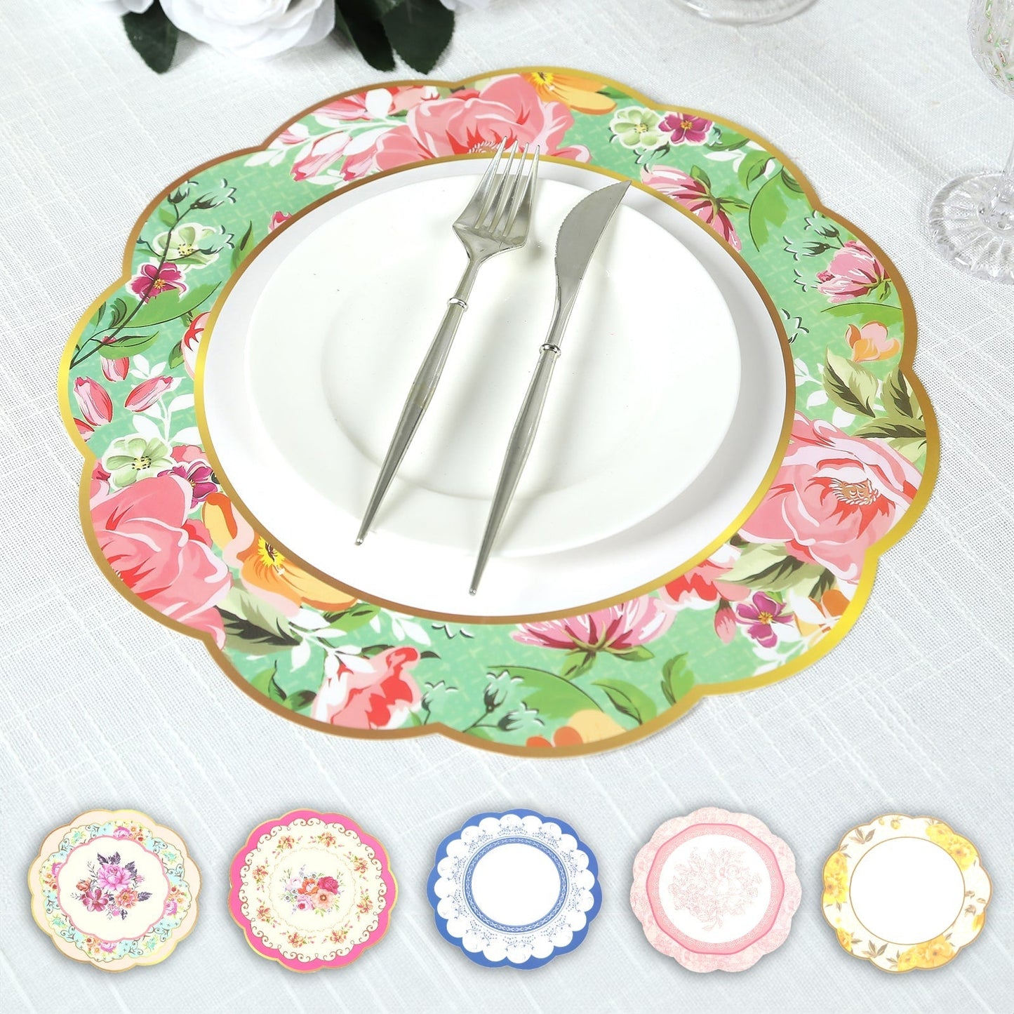 24-Pack Disposable Table Placemats in Assorted Floral Designs with Scalloped Rim - 400GSM Cardboard Placemats for Tea Party & Garden Themes 13"