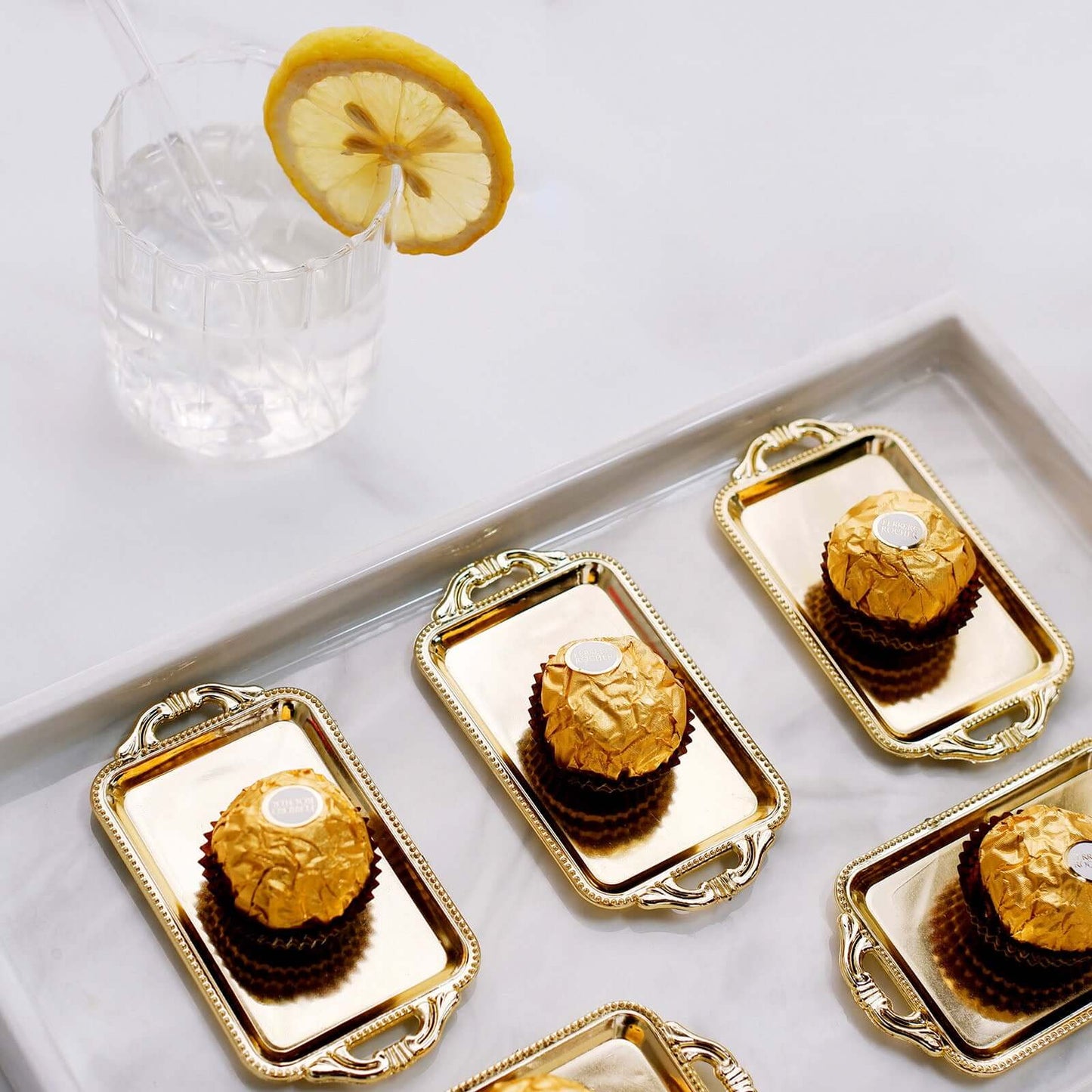 12-Pack Display Trays Party Favor Rectangular Design Gold - Mini Serving Platters for Candy and Desserts 4"