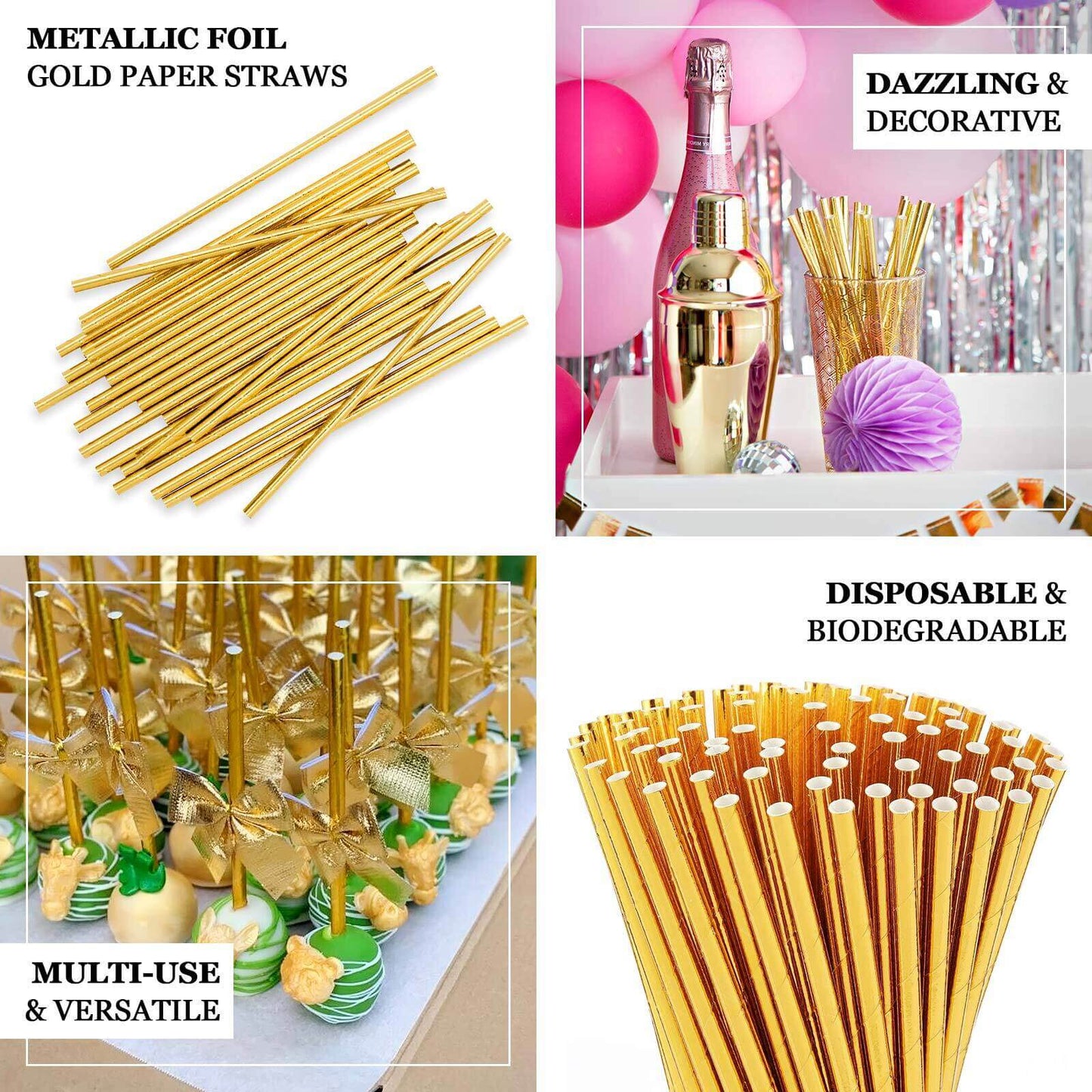 50-Pack Paper Drinking Straws Metallic Gold Foil Food Grade - Disposable Biodegradable Straws for Events 8"