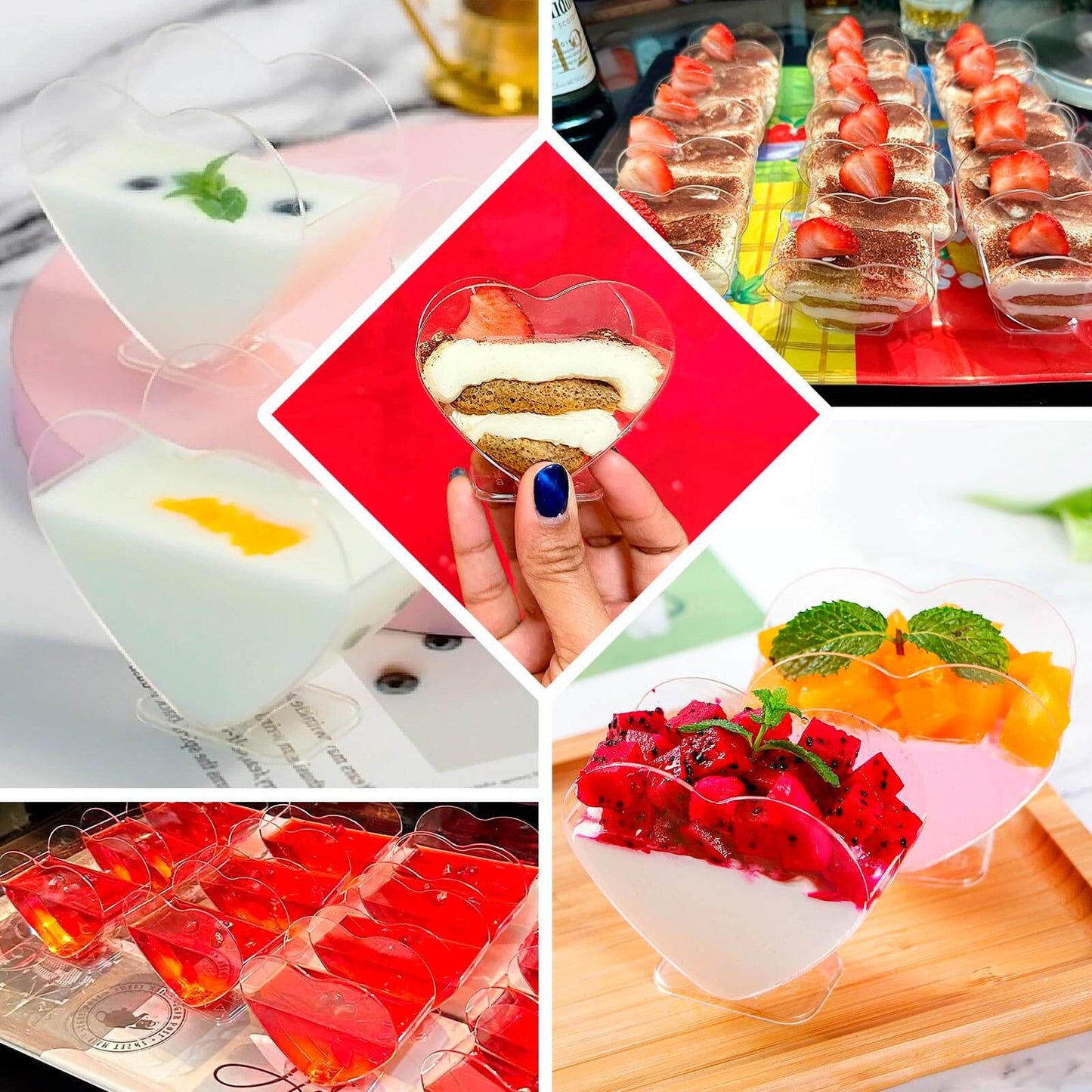 24-Pack Plastic Dessert Parfait Cups Heart-Shaped Clear with Spoons - Reusable and Disposable 2oz