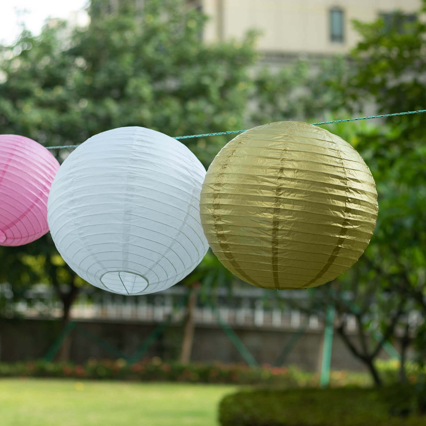 Set of 8 Mixed Blush Gold Hanging Paper Lanterns, Decorative Round Chinese Sky Lanterns, Assorted Sizes - 6",8",10",14"