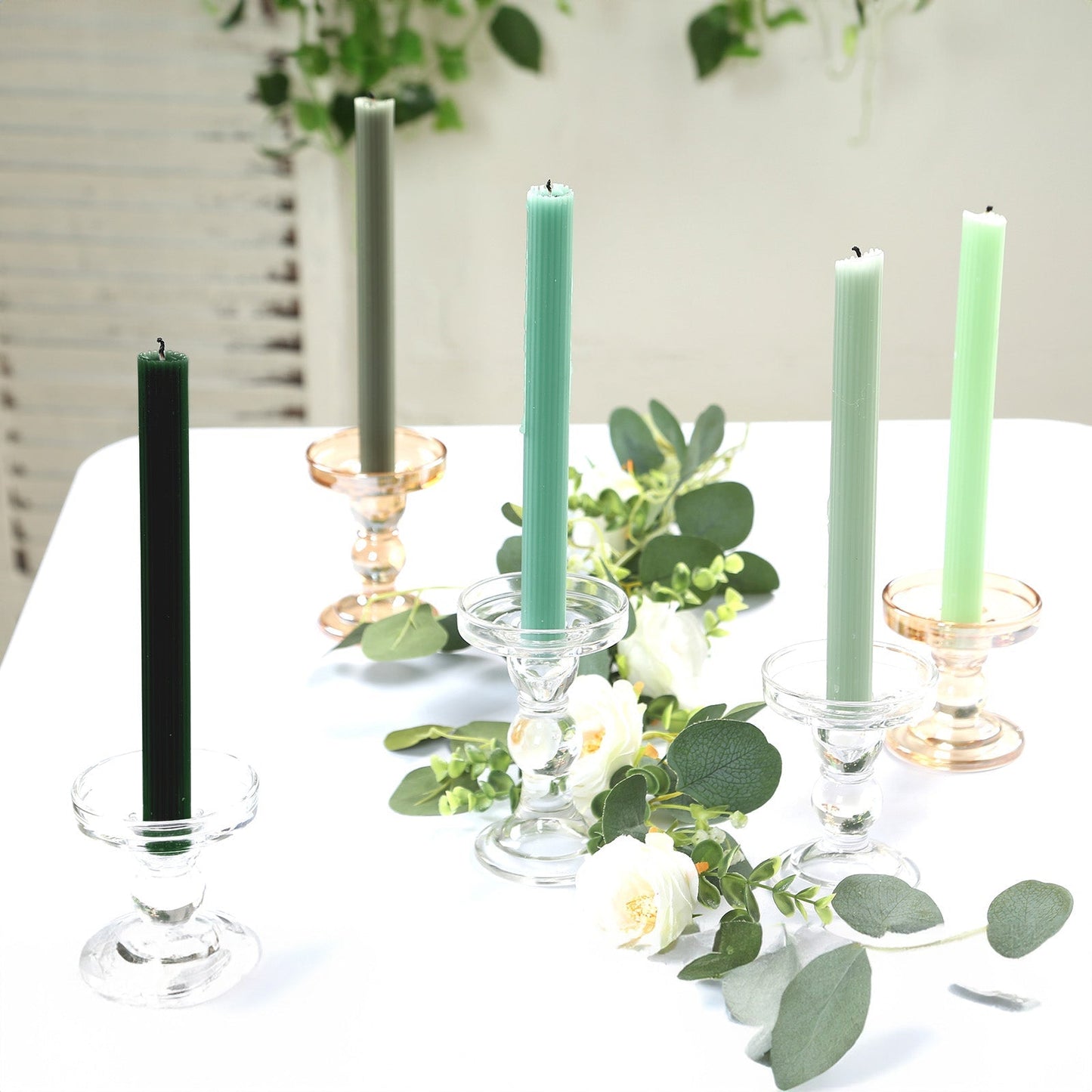 5-Pack Taper Candles Ribbed Wick Ribbon Wax Design Assorted Sage Green - Premium Unscented Dinner Candles 9"