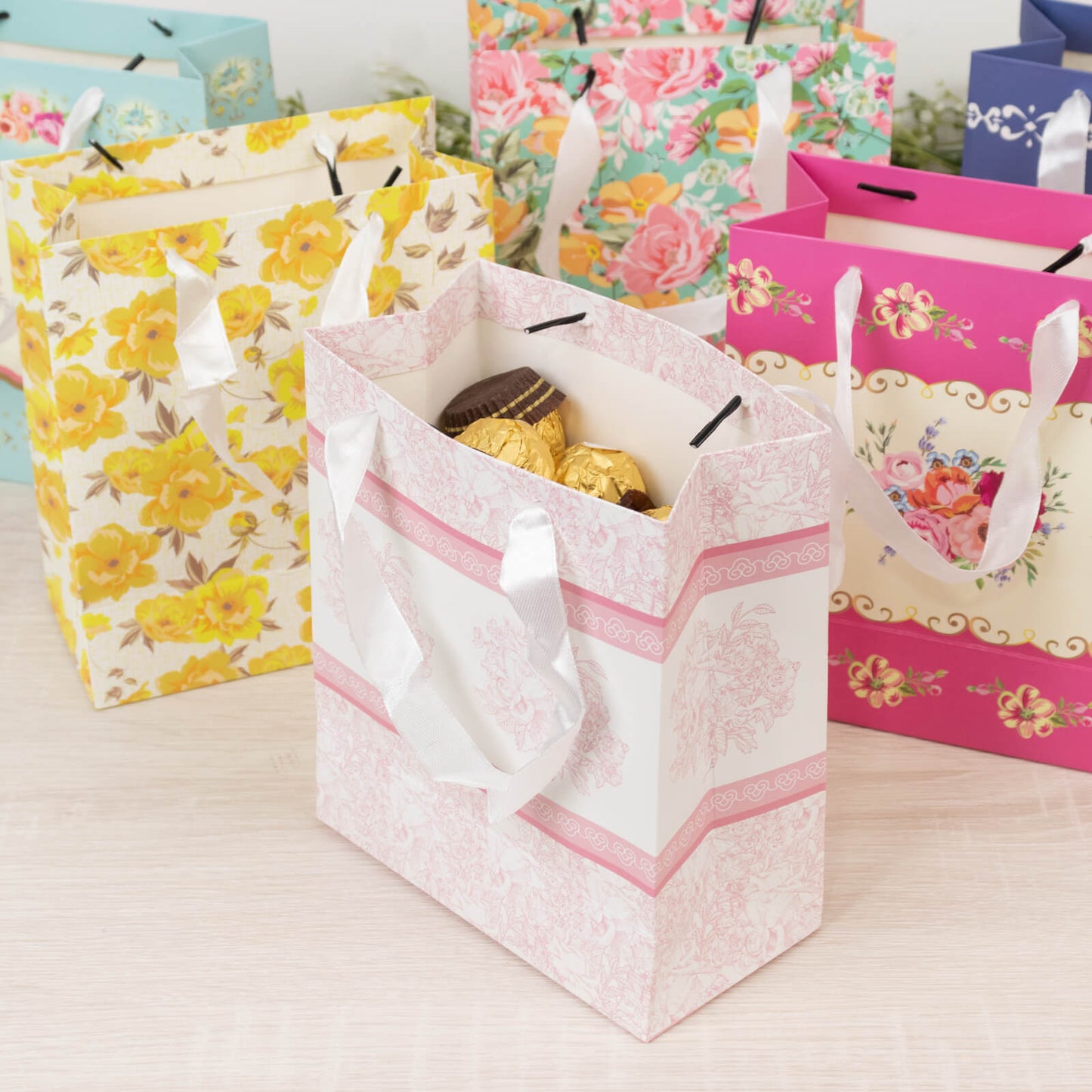 12-Pack Favor Bags Mixed Vintage Floral Tea Party â€“ Paper Gift Bags with Ribbon Handles - Elegant Goodie Bags - 6"x7"x3"
