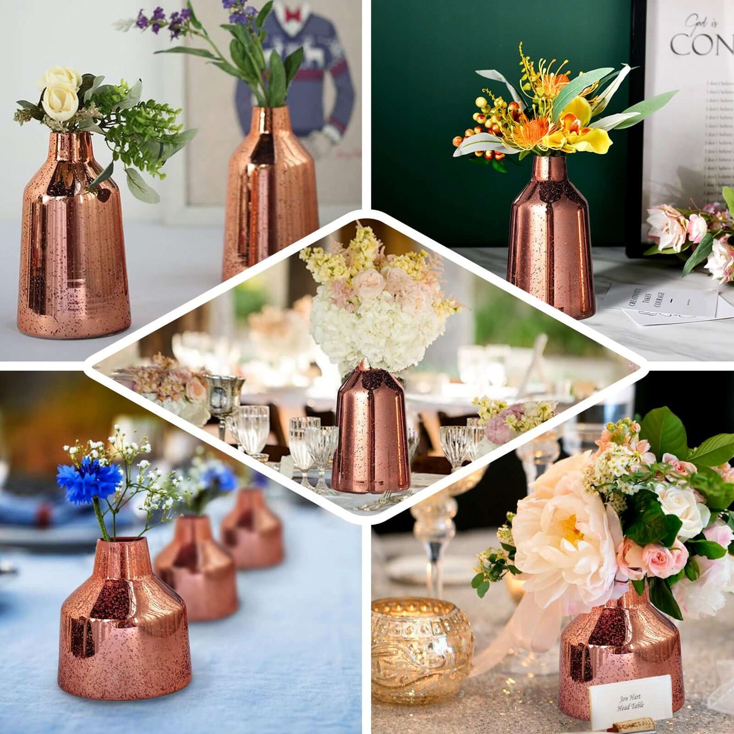2-Pack Mercury Glass Vases Vessel Design Rose Gold - Stylish Flower Centerpieces for Events 8"