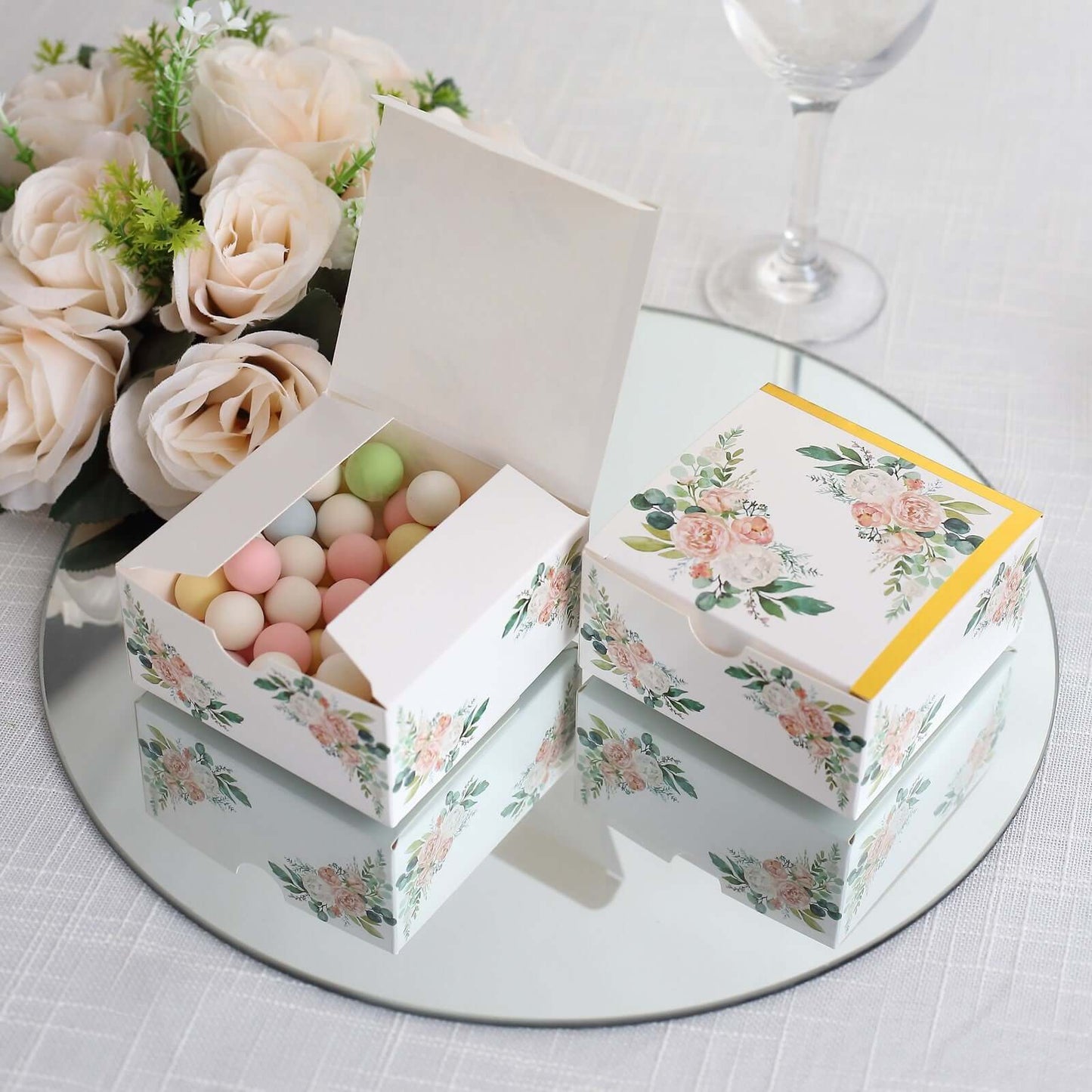 25 Pack White Pink Peony Flowers Print Paper Favor Boxes with Gold Edge, Cardstock Party Shower Candy Gift Boxes - 4"x4"x2"