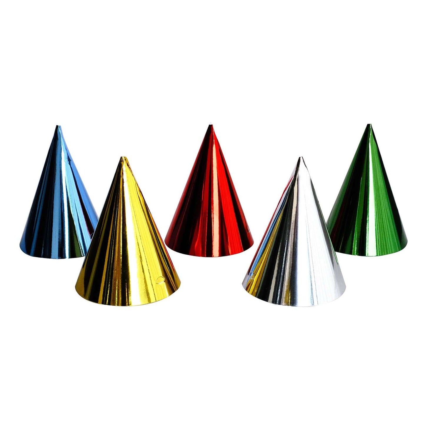 25 Pack Mixed Metallic Foil Cone Party Hats, Pre-Strung Paper Birthday Hats - 5"x7"