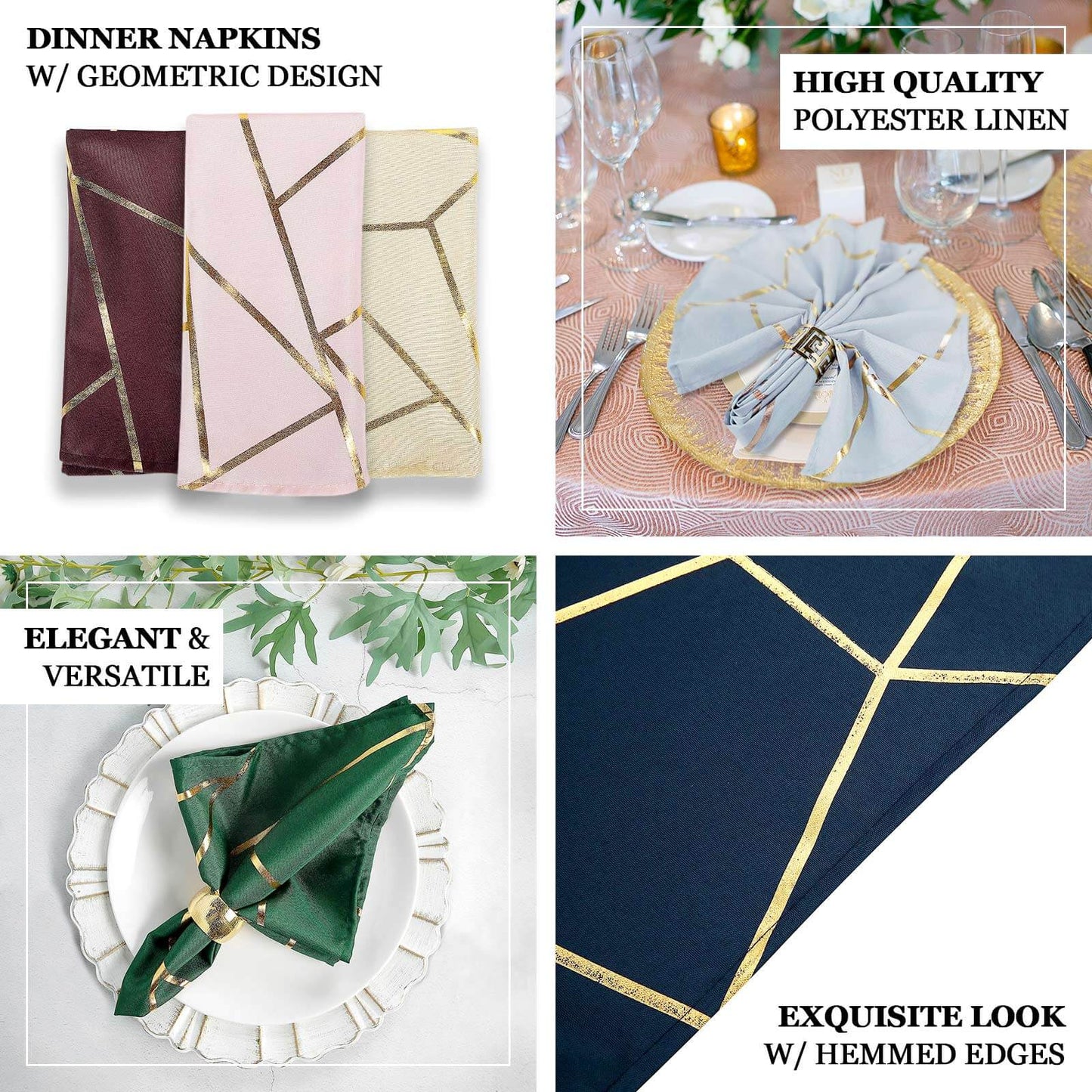 5 Pack Polyester 20"x20" Napkins White with Gold Geometric Foil Pattern - Modern Reusable Dinner Napkins for Home & Events