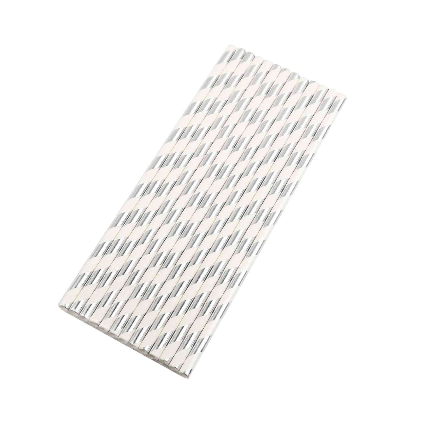 25-Pack Paper Straws White/Silver Striped - Stylish Disposable Straws for Drinks 8"