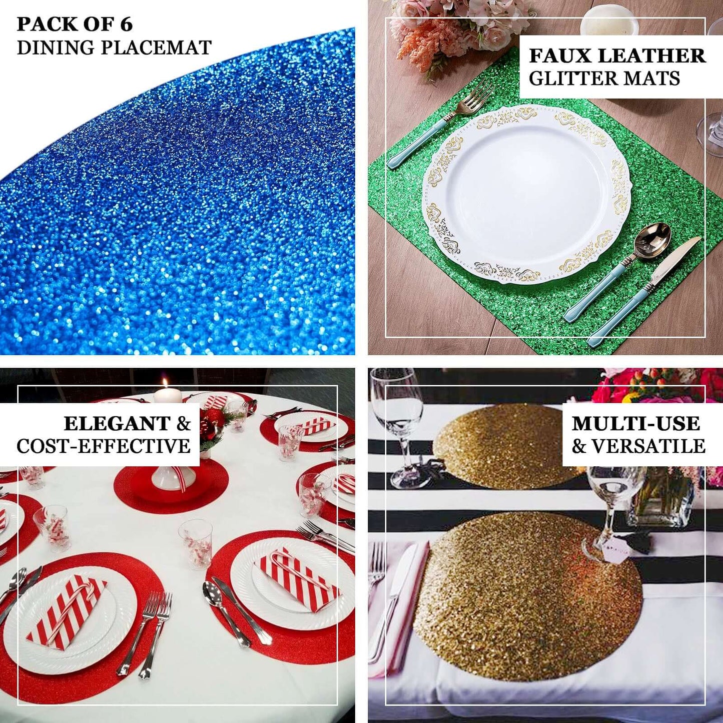 6-Pack Placemats Glitter Design Silver Sparkle Round - Non-Slip Decorative Dining Table Mats 13"