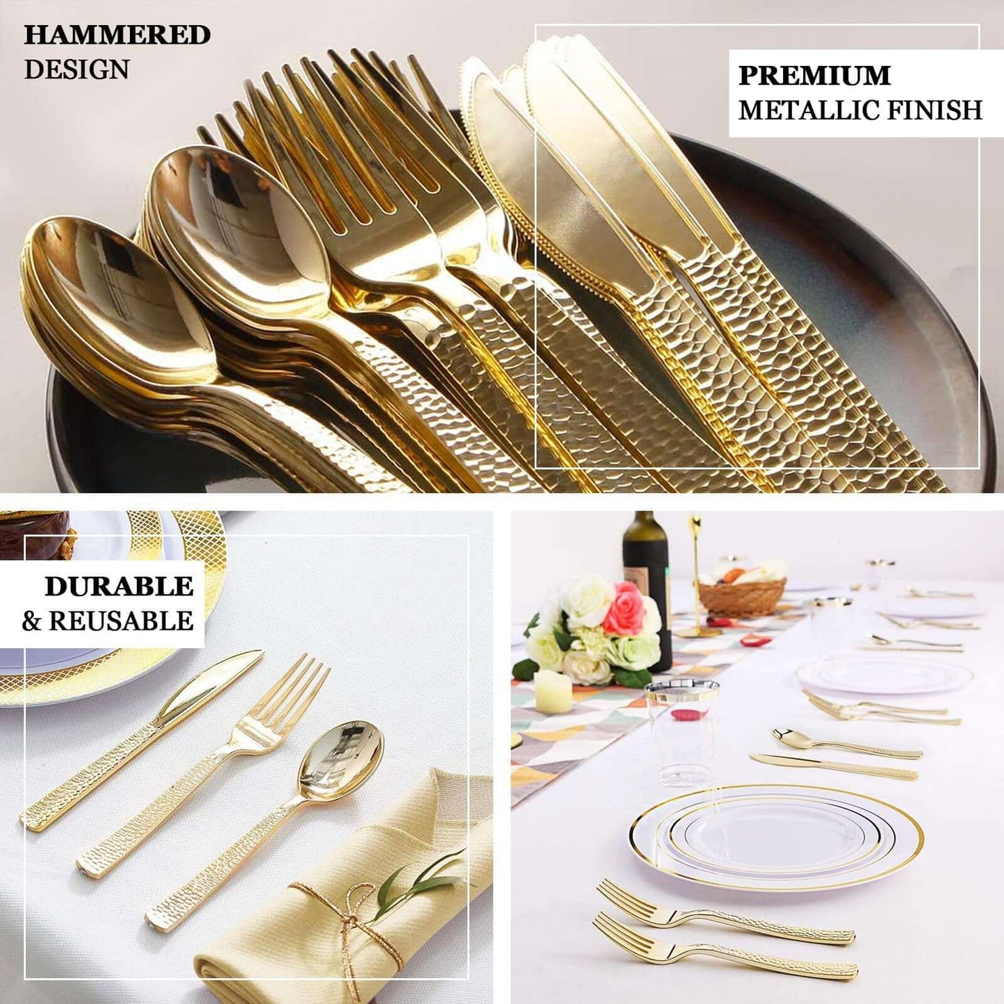 24-Pack Plastic Forks with Hammered Style Gold - Heavy Duty Disposable Silverware 7"
