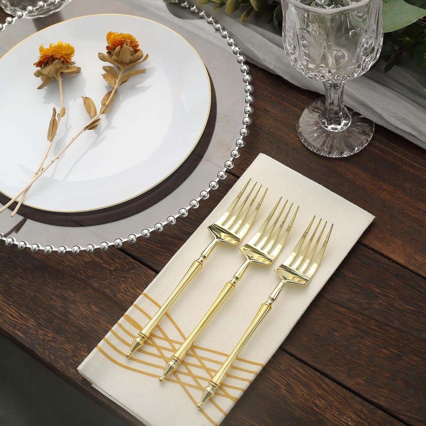 24-Pack Plastic Dessert Forks with Roman Column Handle Gold - European Style Disposable Utensils 6"