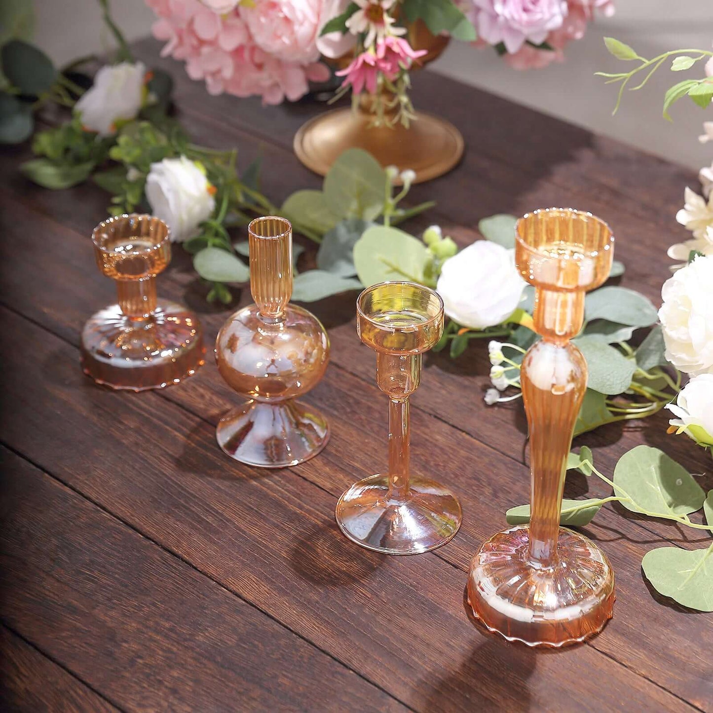 Set of 4 Glass Taper Votive Candle Holders Lined Crystal Design Assorted Amber Gold - Tea Light Stand Set 4", 5.5", 6", 9"