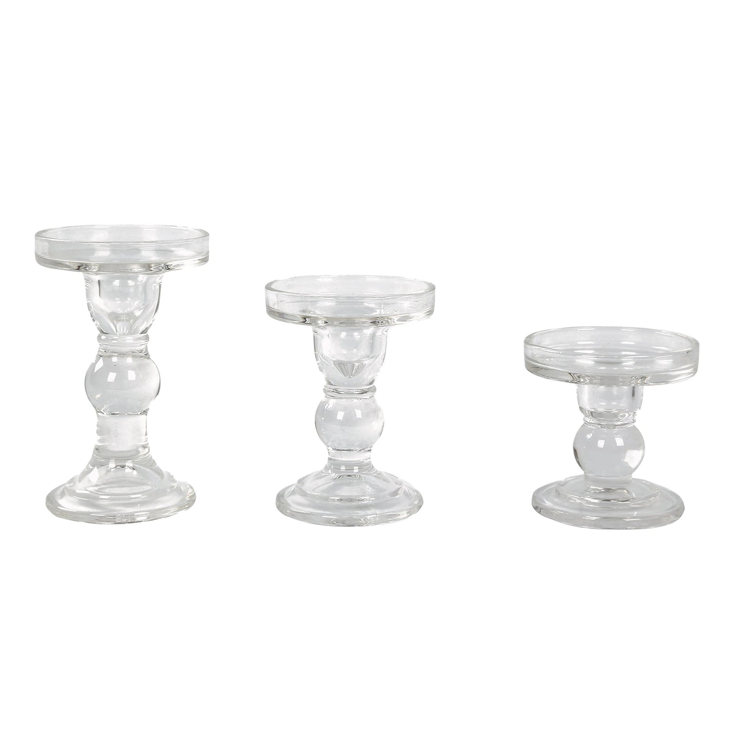 Set of 3 Glass Pillar Candle Holders Clear with Round Tray - Crystal Ball Stem Taper Candlestick Tea Light Stands 3.5", 4.5", 5.5"