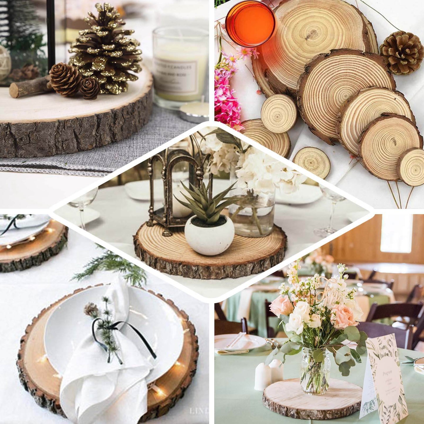 12" Dia Natural Wood Charger Plates With Bark Edge Wood Slice Chargers Rustic Wedding Table Settings