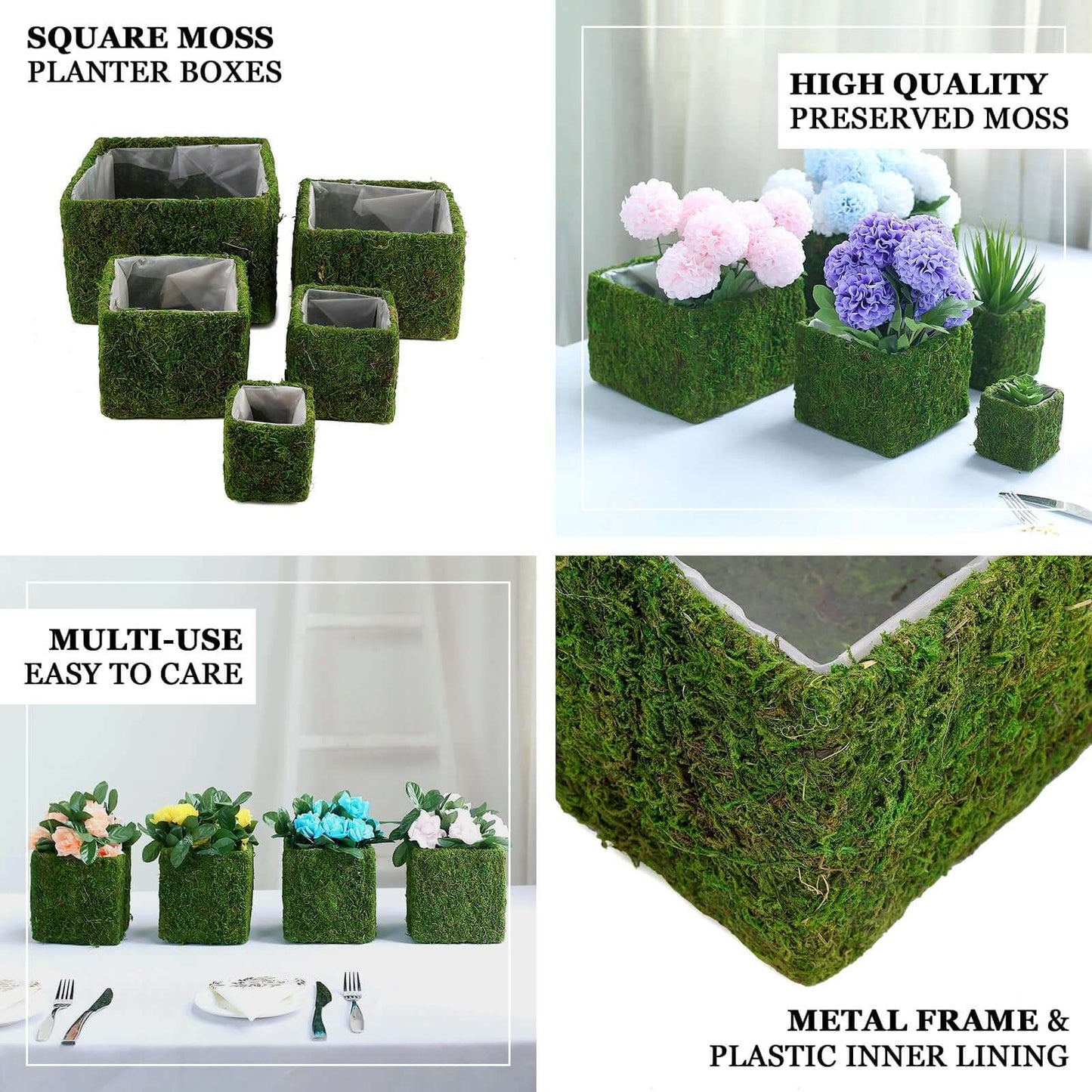 4-Pack Square Planter Boxes Covered with Inner Lining Green Preserved Moss - Flower Basket Centerpieces 6"