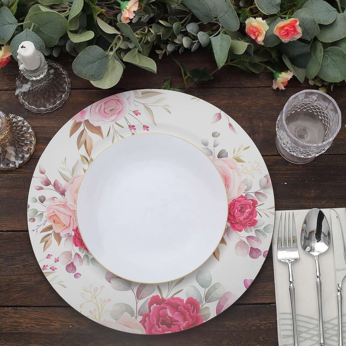 6-Pack Plastic Round Charger Plates 13" in White with Assorted Rose Floral Print, Decorative Dinner Party Charger Tableware