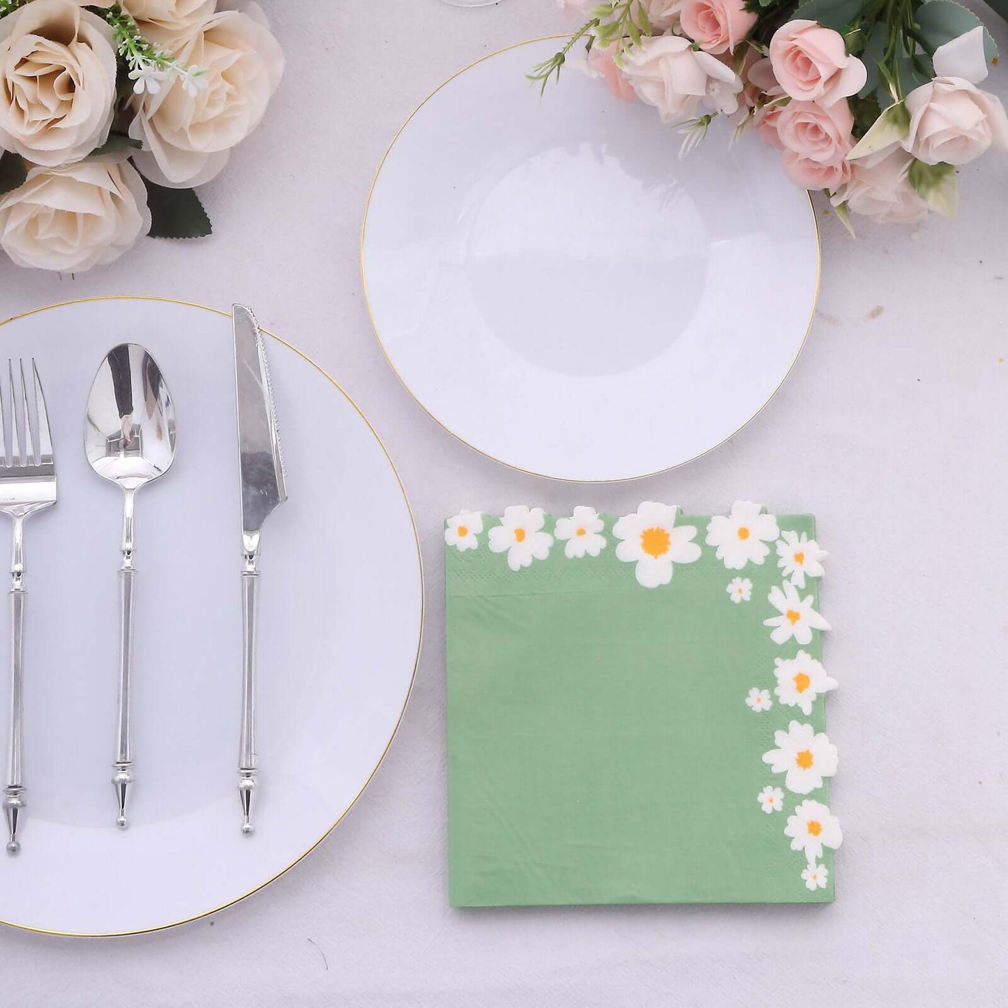 20-Pack Paper Beverage Napkins with Daisy Flower Design Sage Green - 2 Ply Soft 18GSM Floral Wedding Napkins 6.5"x6.5"