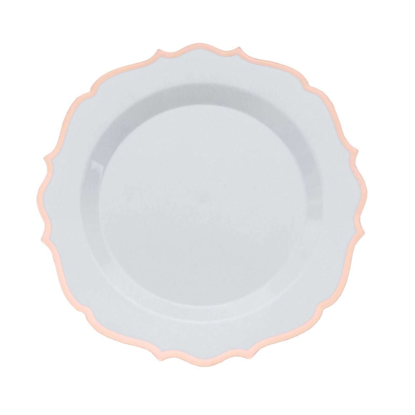 10-Pack Plastic 8" Round Dessert Plates in White with Rose Gold Scalloped Rim - Disposable Appetizer/Salad Plates