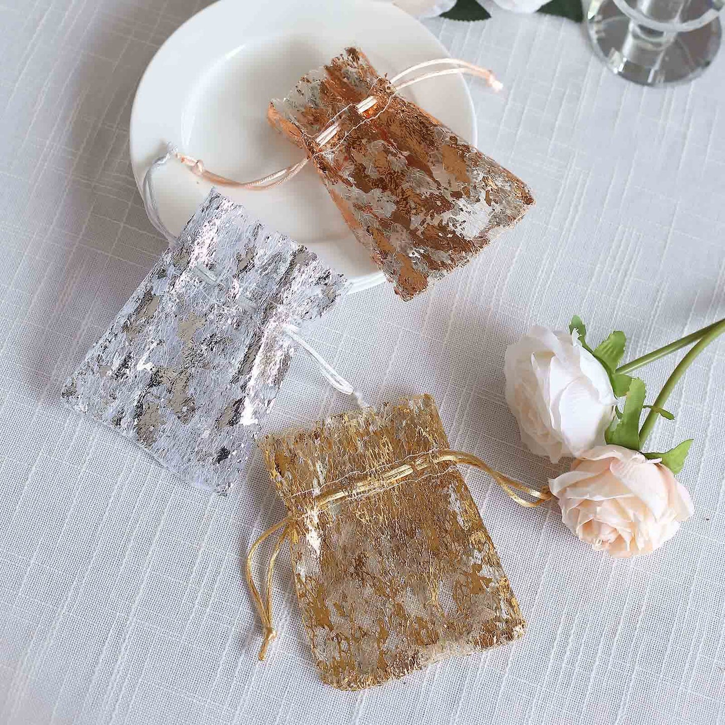 12 Pack Metallic Silver Foil Polyester Drawstring Candy Bags, Wedding Party Favor Bags - 4"x5"