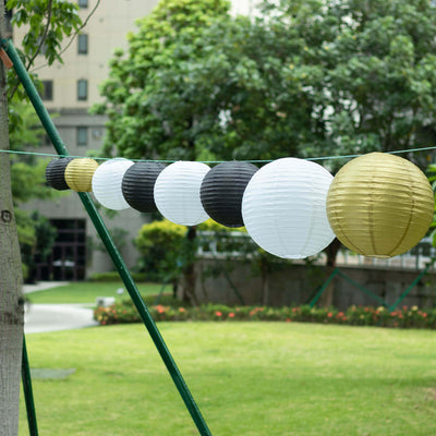 Set of 8 Mixed Black Gold Hanging Paper Lanterns, Decorative Round Chinese Sky Lanterns, Assorted Sizes - 6",8",10",14"