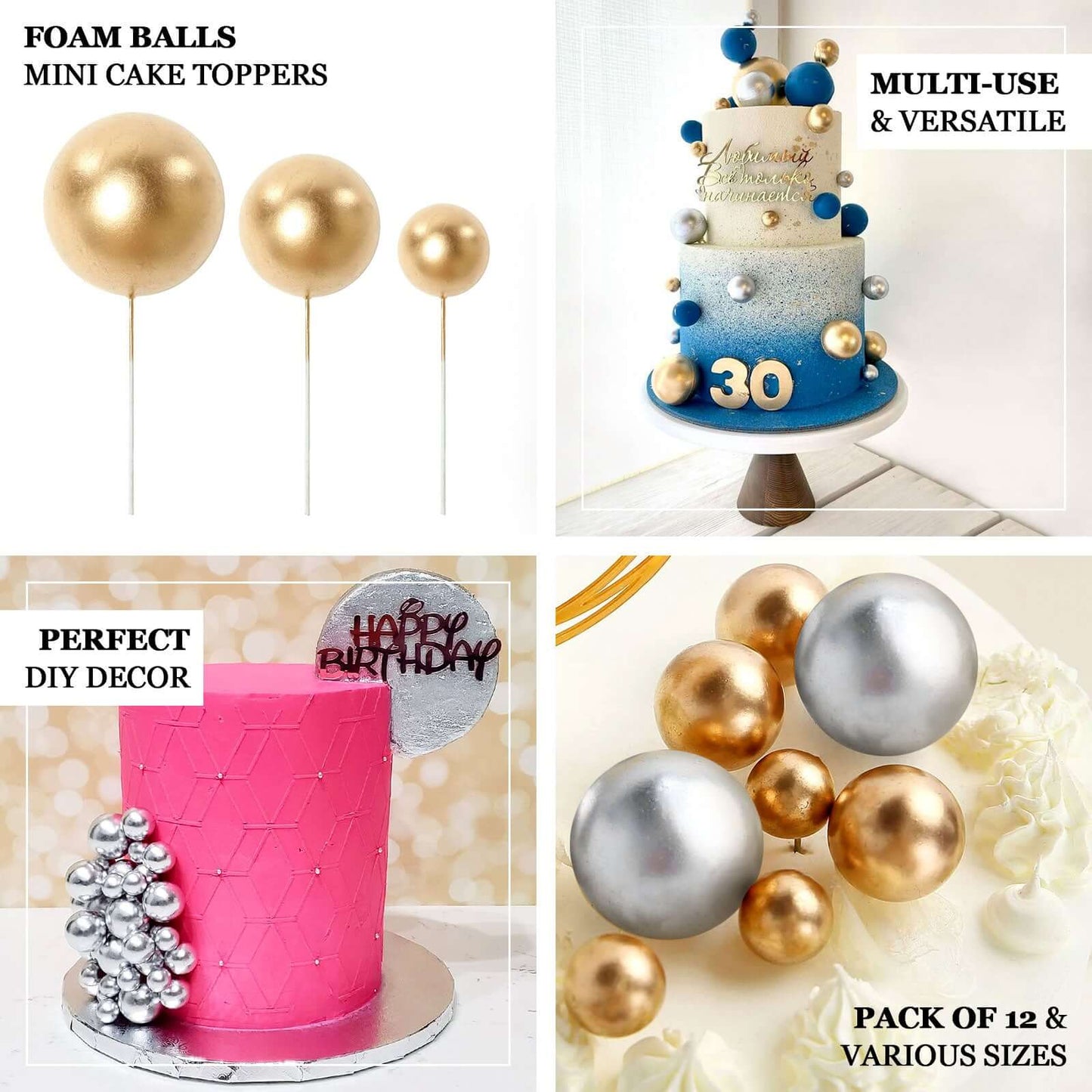 12 Pcs Cake Topper Picks Faux Pearl Ball Design Silver - Foam Balloon DIY Cupcake Decor Supplies Assorted Sizes