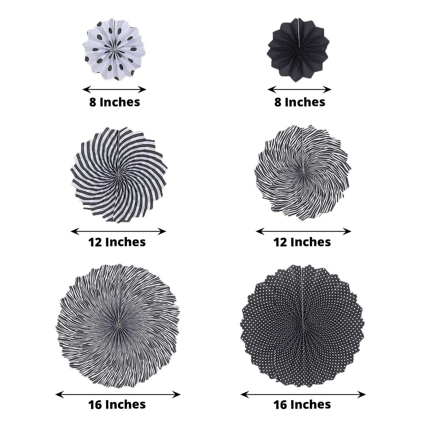 Set of 6 Black White Hanging Paper Fan Decorations, Pinwheel Wall Backdrop Party Kit - 8", 12", 16"
