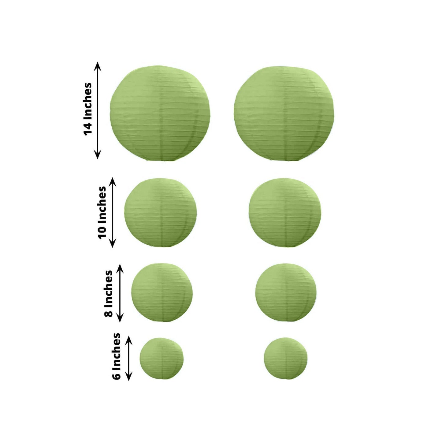 Set of 8 Sage Green Hanging Paper Lanterns, Decorative Round Chinese Sky Lanterns, Assorted Sizes  - 6",8",10",14"