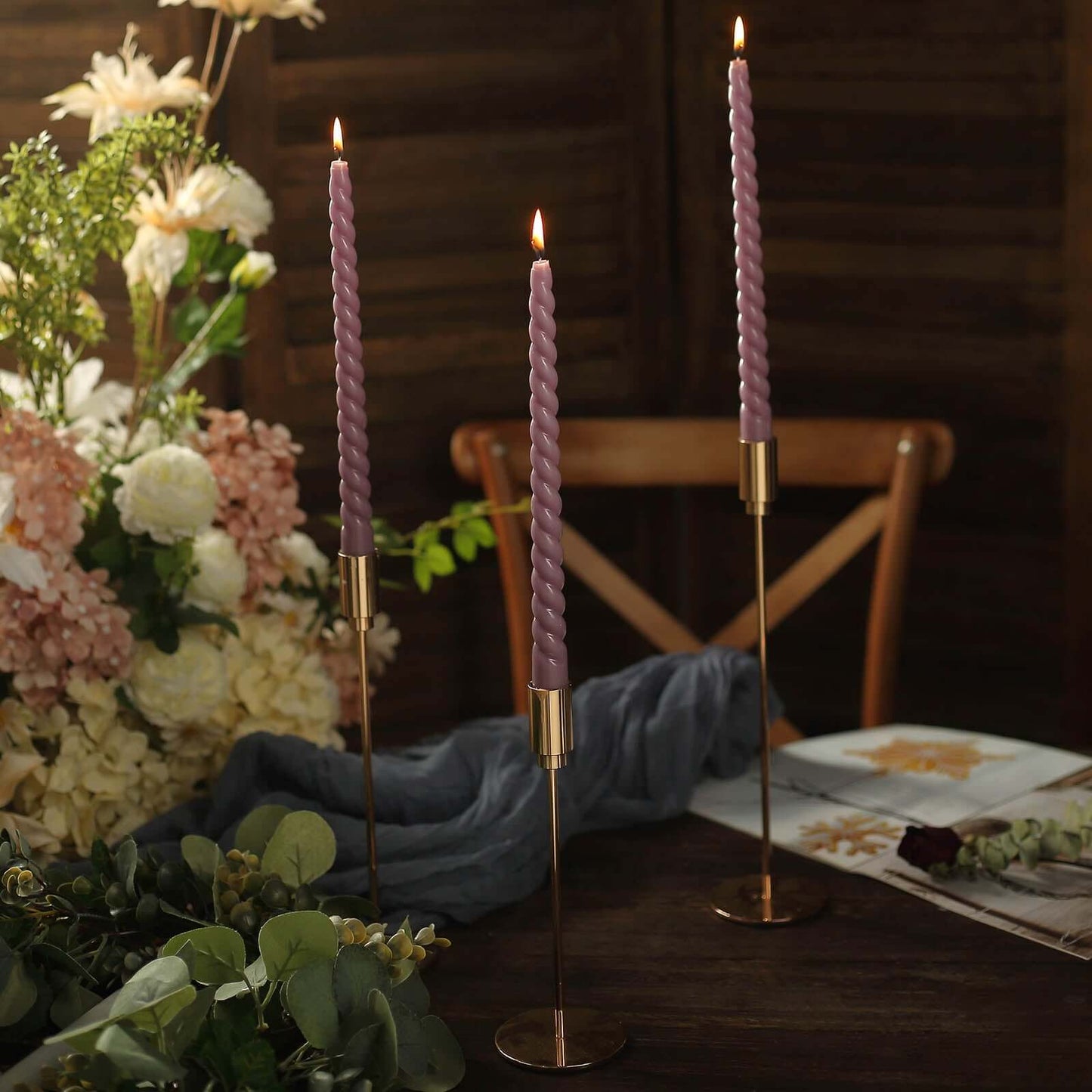 12-Pack Taper Candles Spiral Long Burn Wick Design Violet Amethyst - Premium Unscented Wax Dinner Candle Sticks 11"