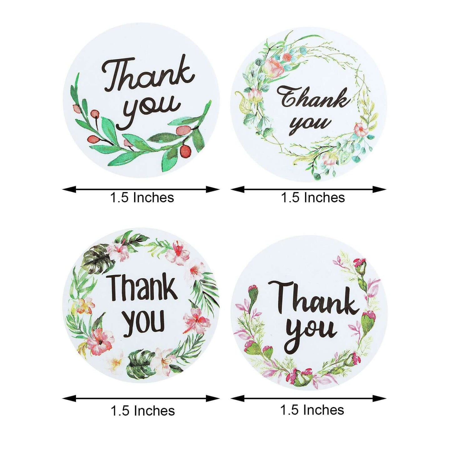 500Pcs 1.5" Thank You Black Print and Floral Design Stickers Roll, DIY Envelope Seal Labels - Round Assorted Designs