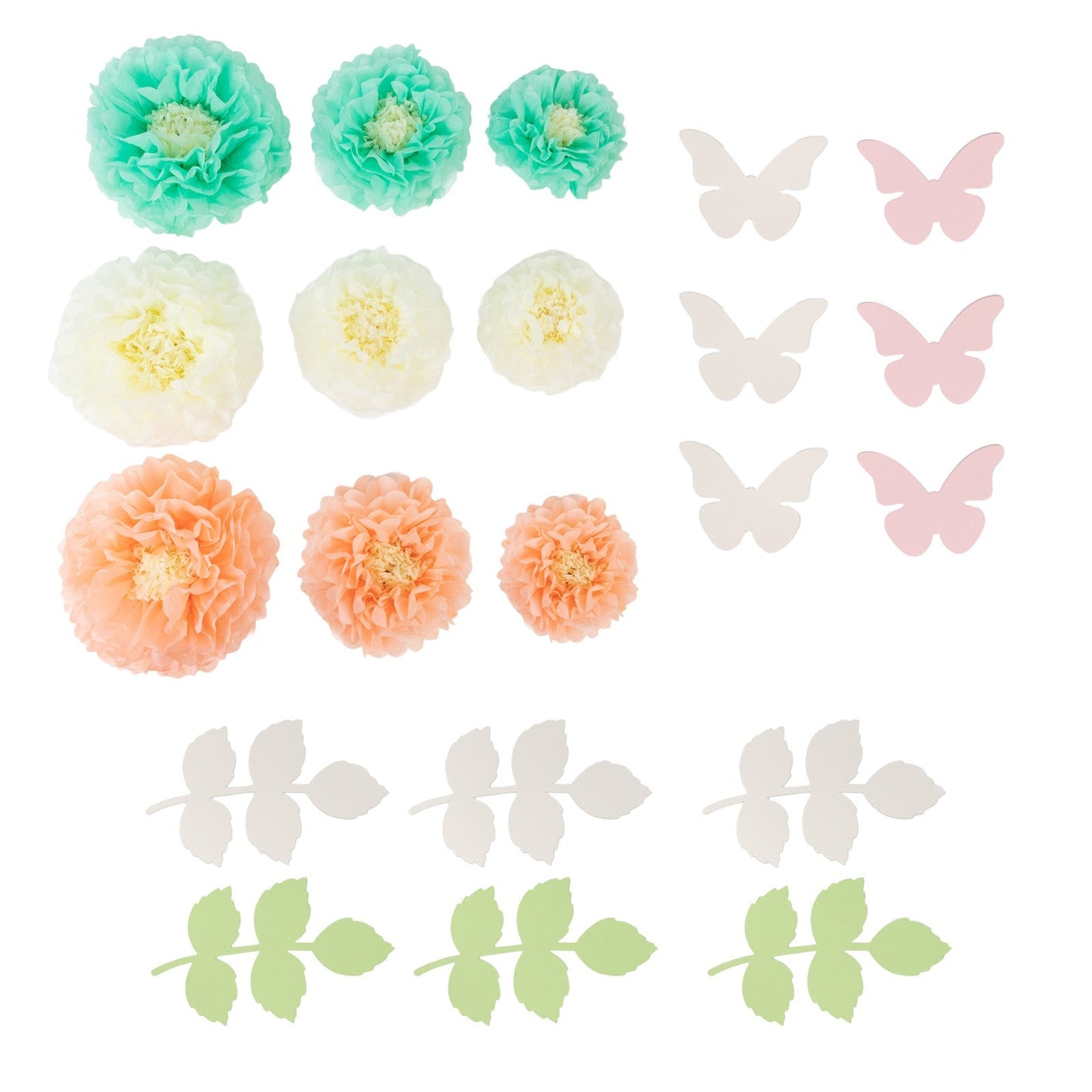 Set of 21 Tissue Paper Flowers Pom Poms Decor Kit â€“ Cream Peach 3D Chrysanth Floral Wall Decor with Butterflies & Olive Leaves - 8",10",12"