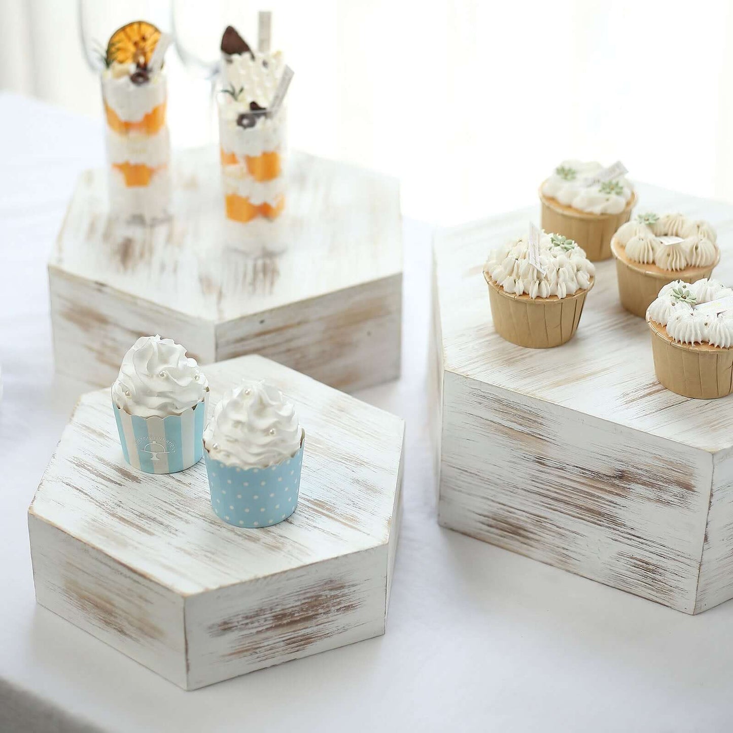 Set of 3 Wooden Dessert Display Boxes Whitewashed Hexagonal Design - Stackable Riser Cake Stand 9", 11", 13"