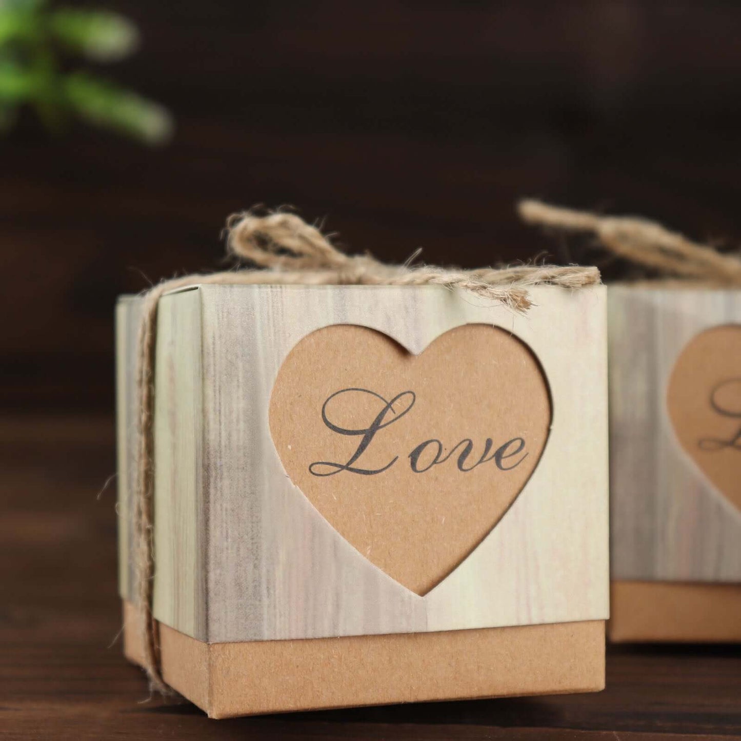 25 Pack 2.5" Rustic Wood Pattern Natural Brown Paper Candy Gift Boxes, Square Party Favor Boxes with Burlap Jute Twine and Love Heart Cut Out