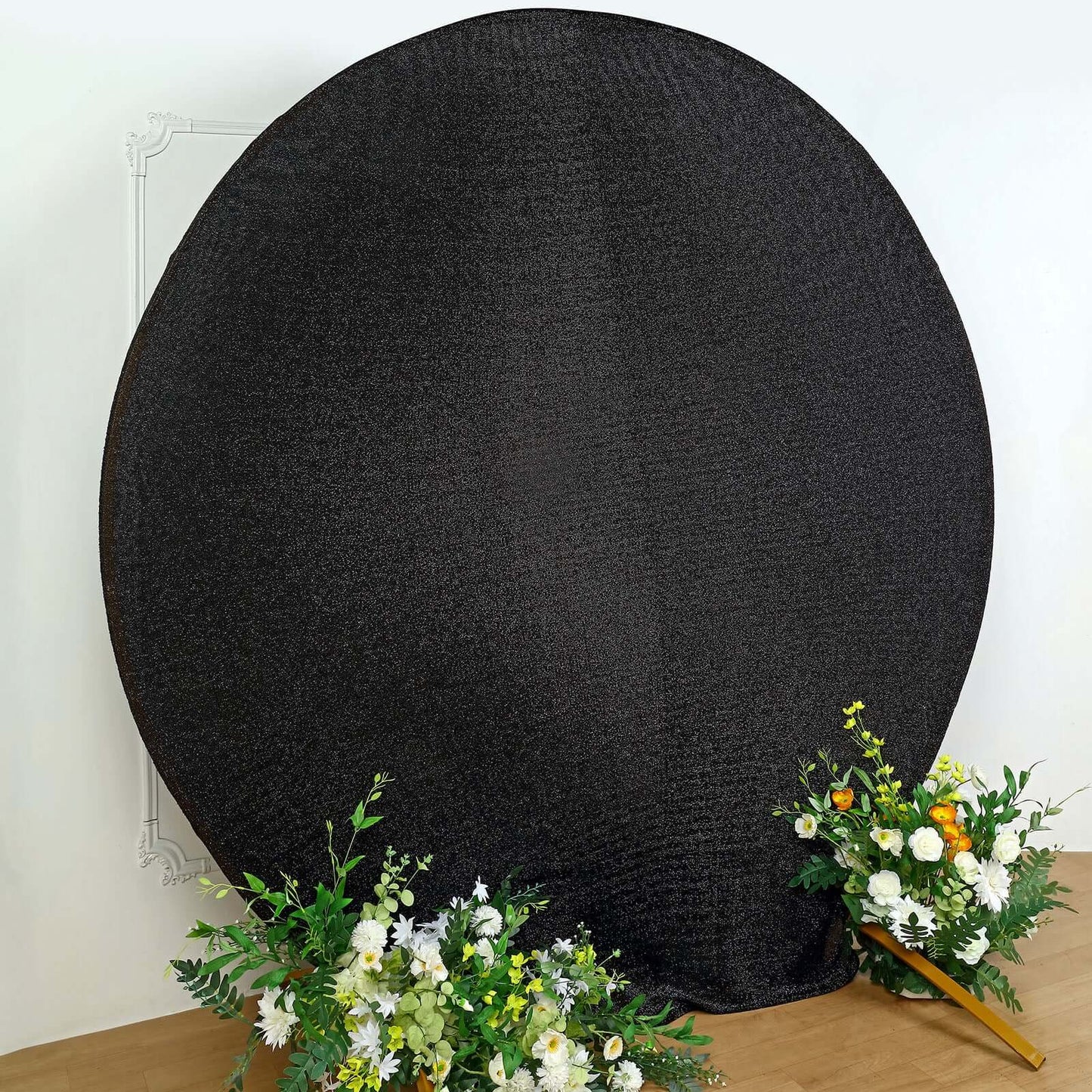 7.5ft Black Metallic Shimmer Tinsel Spandex Round Wedding Arch Cover, 2-Sided Photo Backdrop