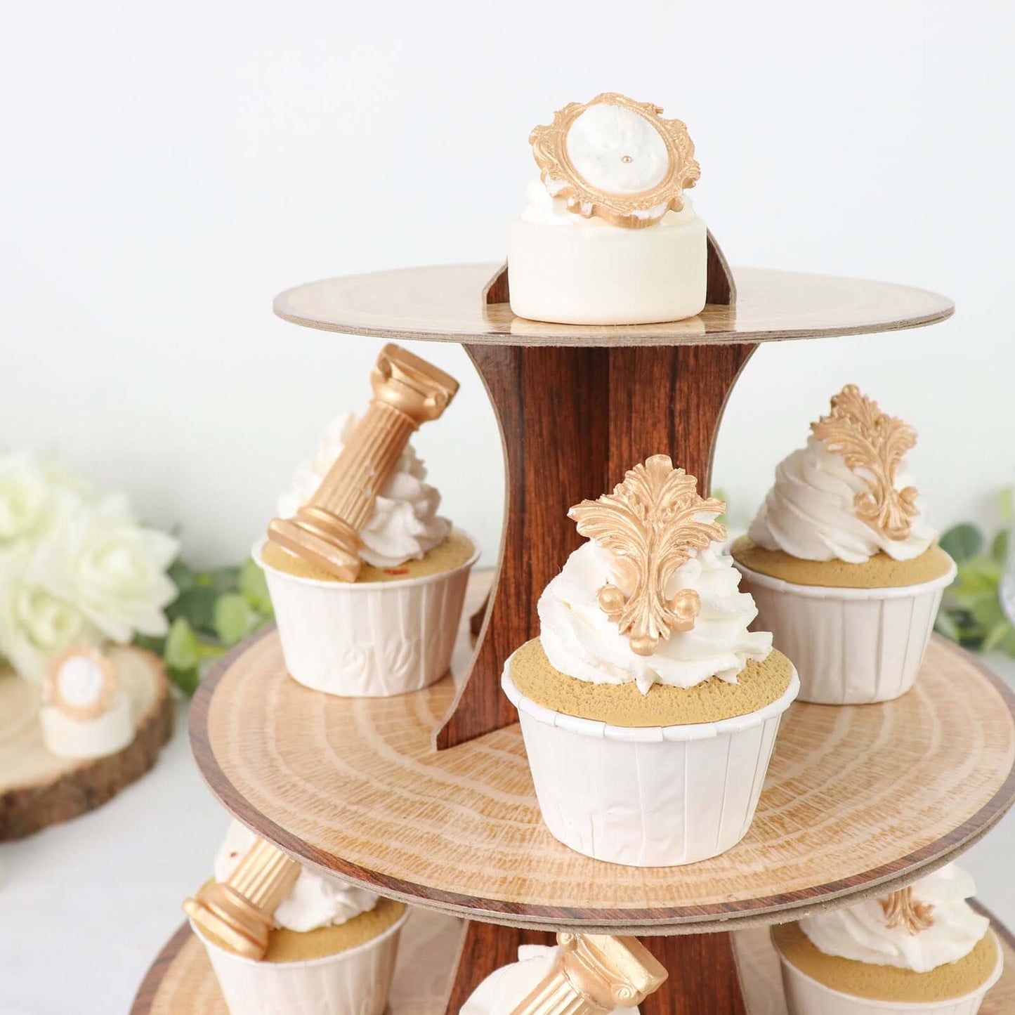 3-Tier Cardboard Cupcake Stand Natural Wood Plank Print - Reusable Dessert Table Display Tower for Classy Birthday Wedding Party Decoration 14"