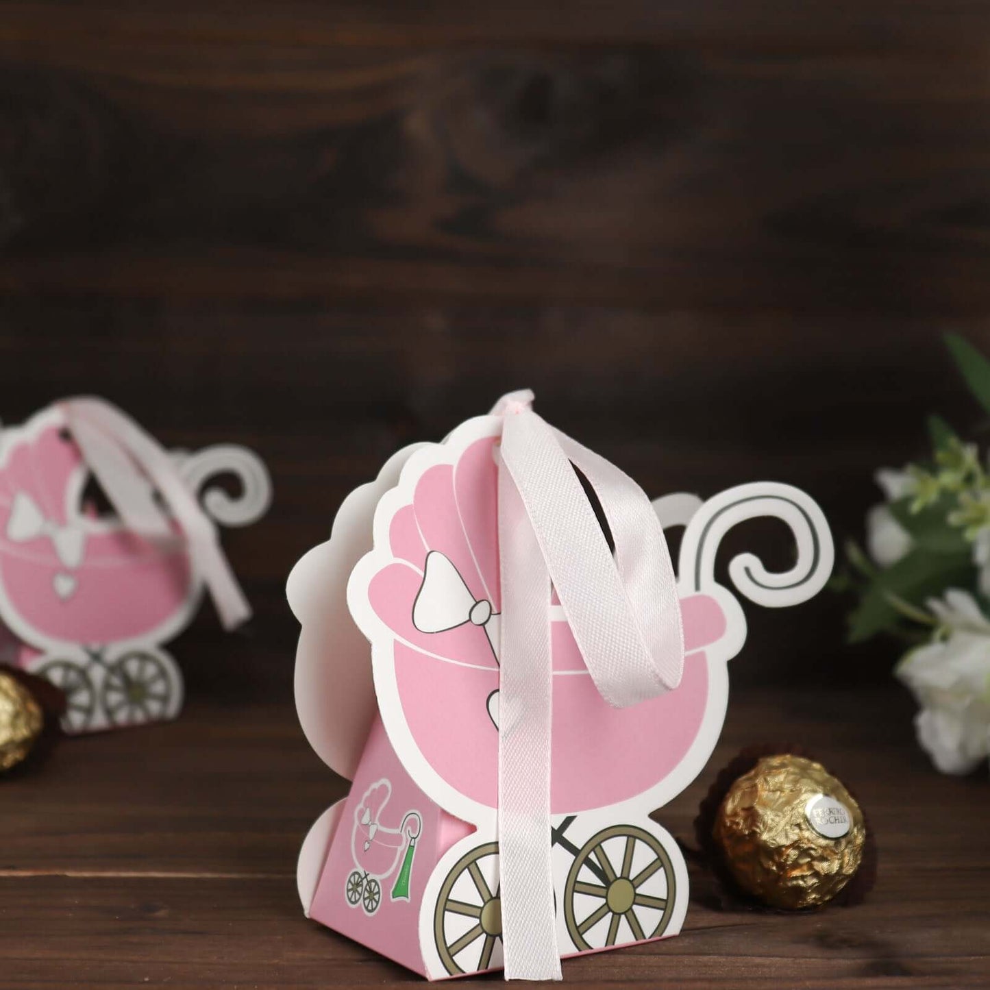 25 Pack Pink Baby Paper Stroller Party Favor Gift Boxes, Cardstock Carriage Candy Boxes with Ribbon Ties - 4.5"x2"x4"