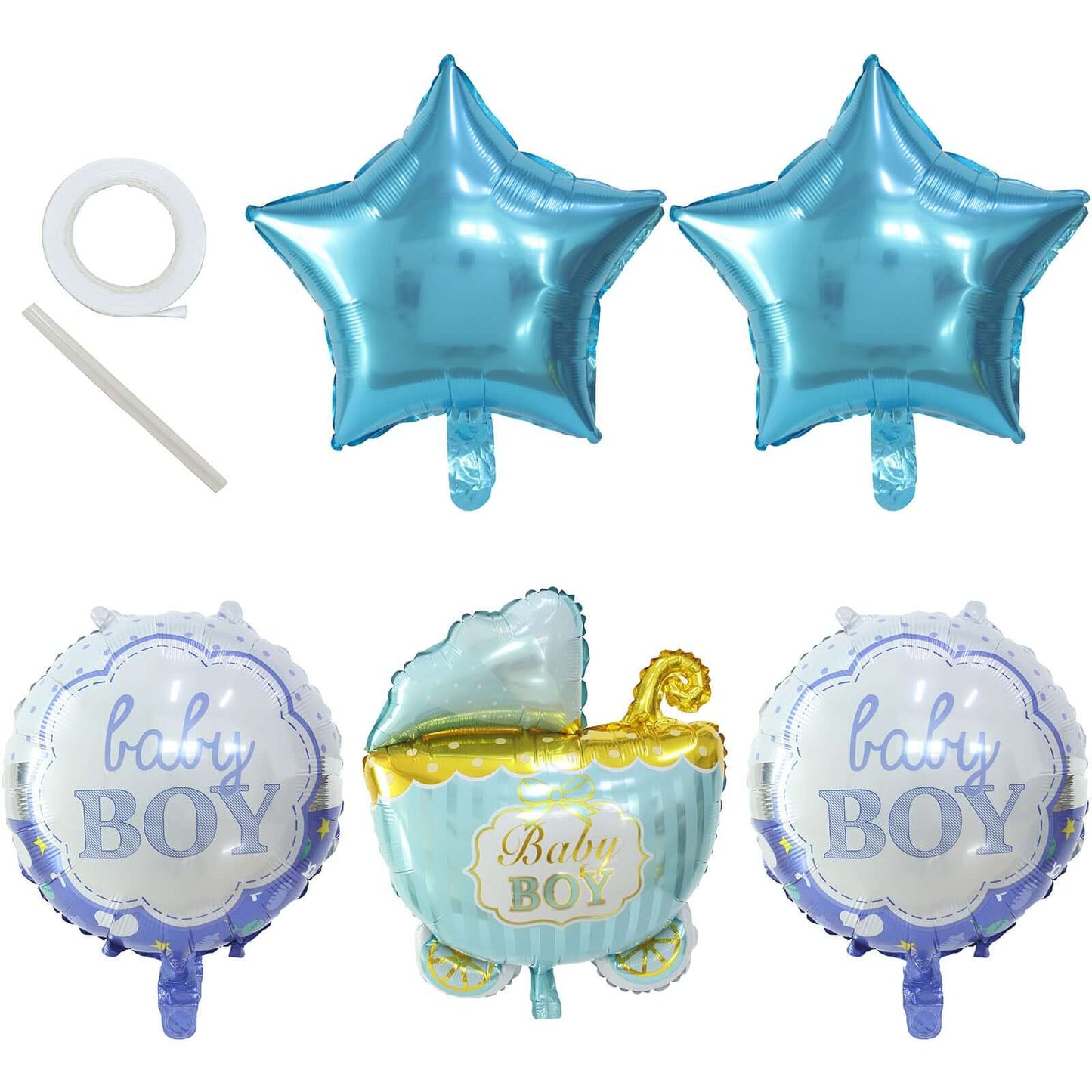 Set of 5 Blue White Boy Baby Shower Mylar Foil Balloon Set, Star, Round and Baby Carriage Balloon Bouquet With Ribbon, Gender Reveal Party Decorations
