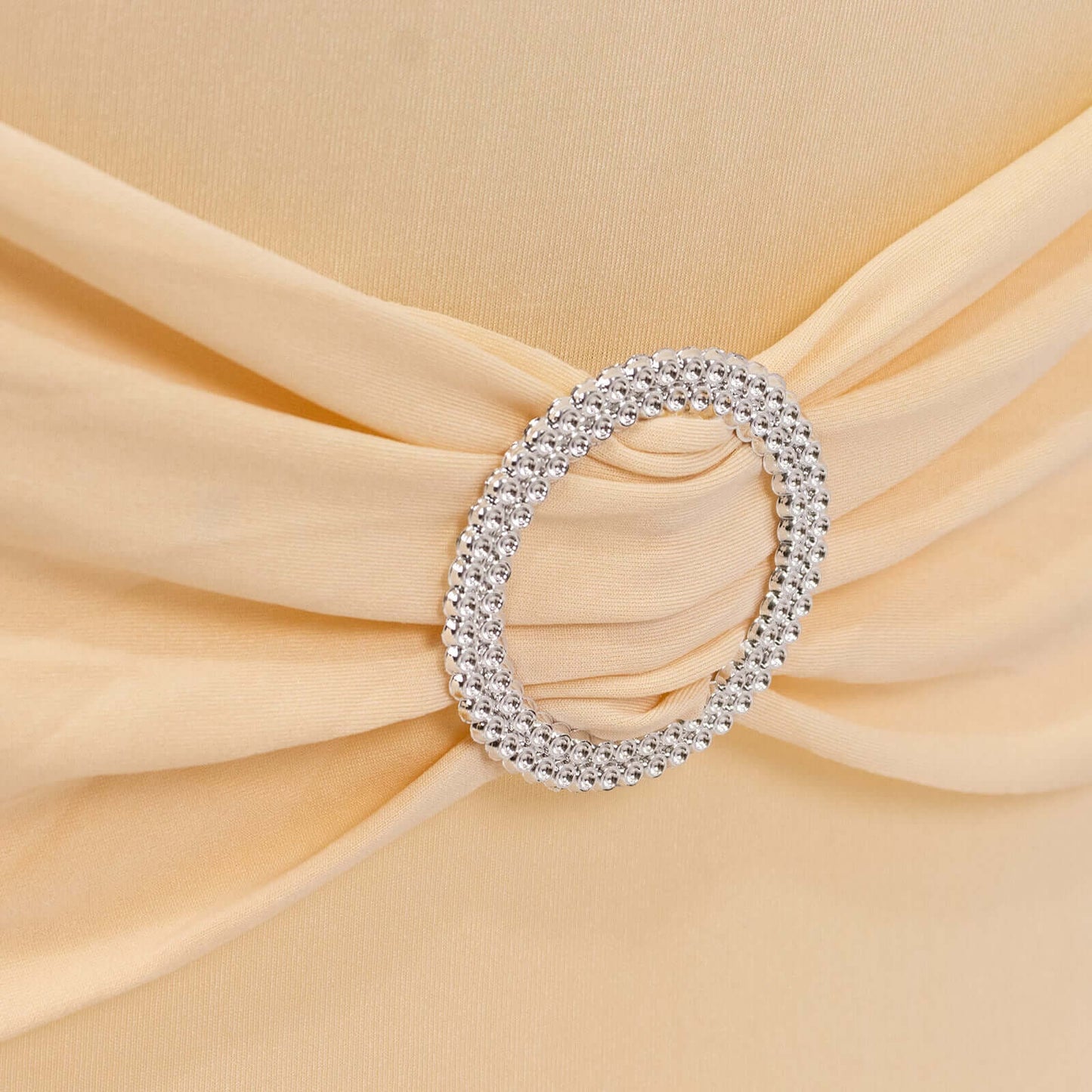 Stretch Spandex Chair Cover Beige for Folding Chairs - Secure Fit Slipcover with Silver Rhinestone Buckled Sash Band