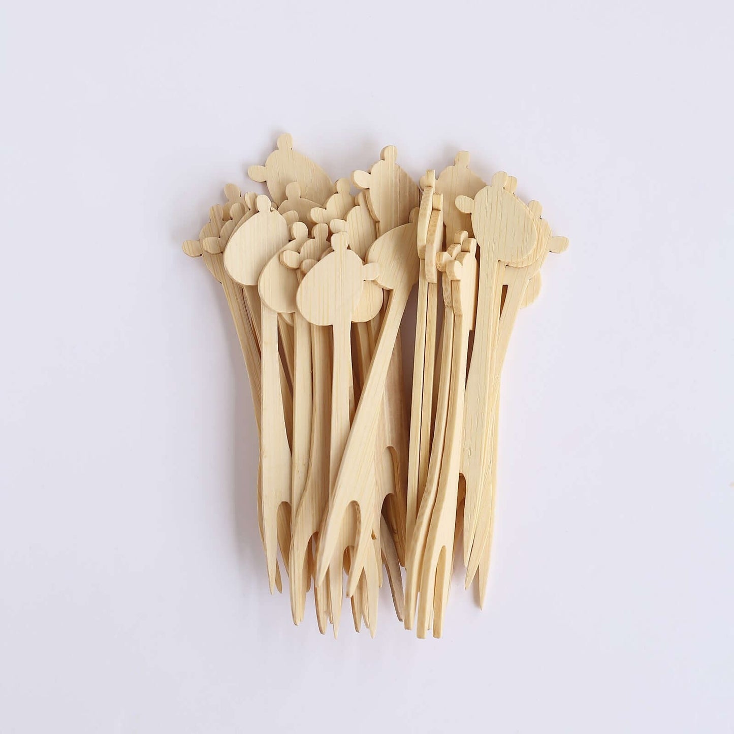 100-Pack Bamboo Cocktail Picks Giraffe Mini Forks Double Pronged Design Natural - Biodegradable Eco Friendly Party Supplies 4"