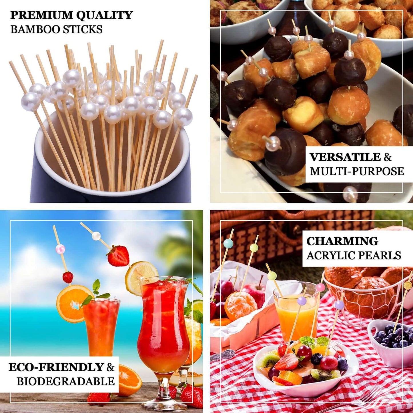 100-Pack Bamboo Cocktail Picks Natural Pearl Decorative Top Design - Eco Friendly Stir Sticks 5"