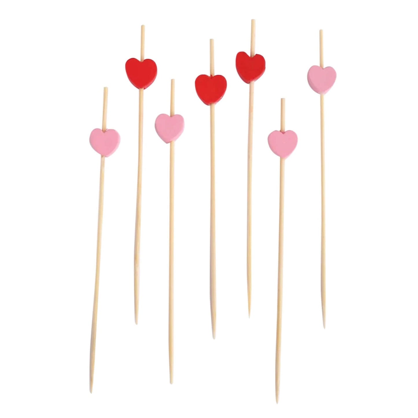 100-Pack Bamboo Cocktail Sticks Heart Design Eco Friendly Red/Pink - Biodegradable Fruit Appetizer Party Picks 5"