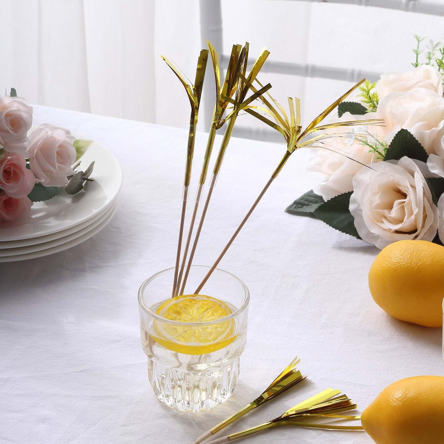 100-Pack Bamboo Cocktail Sticks Firework Cupcake Toppers Gold - Festive Foil Frills Food Picks 9"