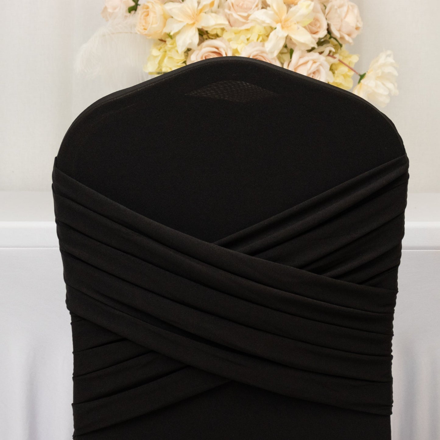 Black Spandex Banquet Chair Cover with Ruffle Skirt & Cross Back Sash â€“ Stretch Slipcover for Events
