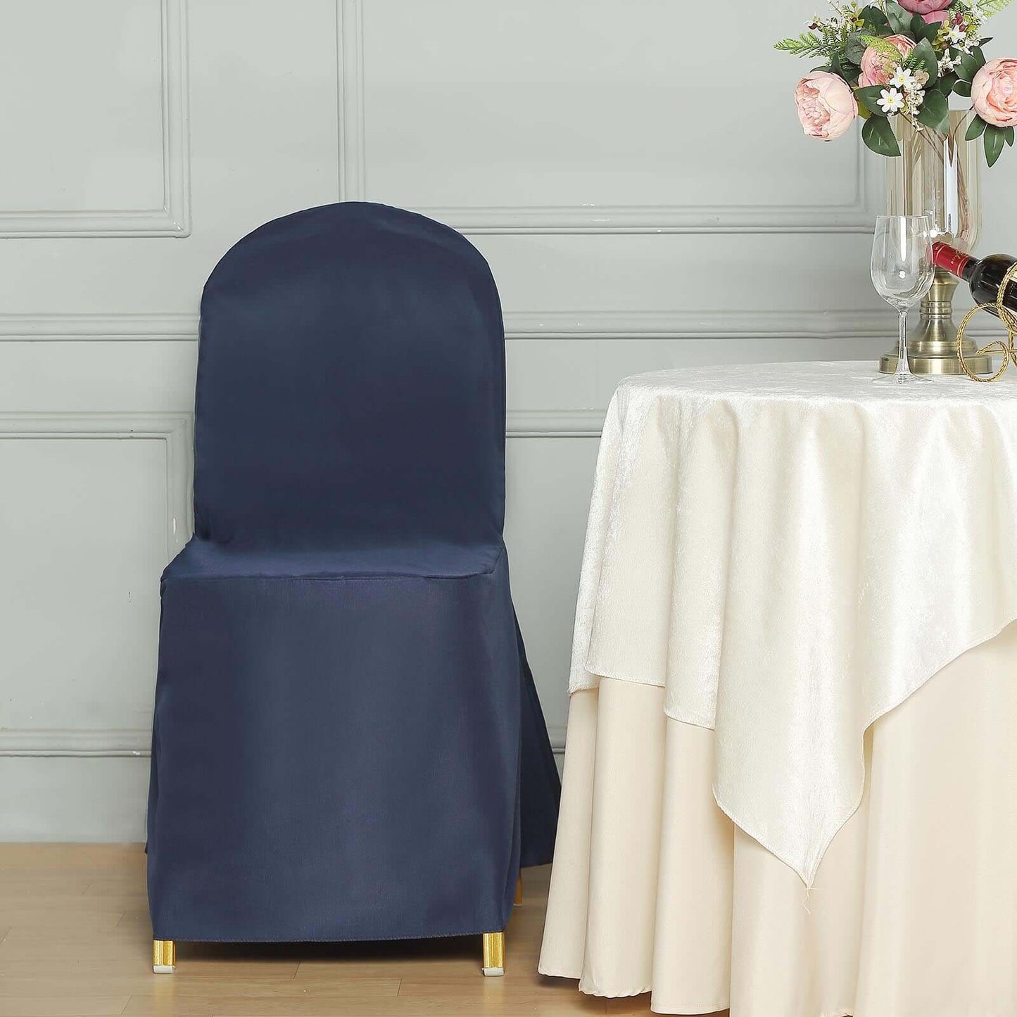 Polyester Slip On Banquet Chair Covers Navy Blue - Stain-Resistant Reusable Durable Fabric