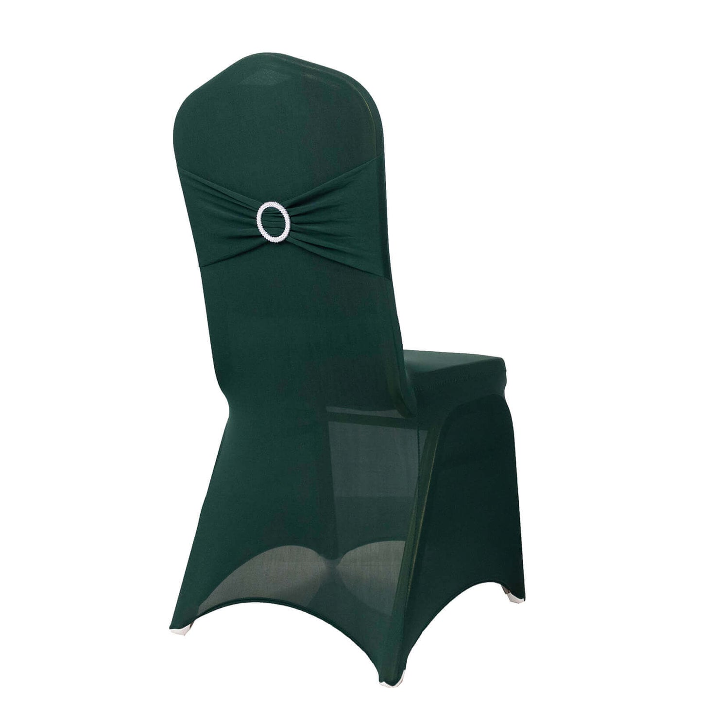 Spandex Chair Cover with Silver Rhinestone Buckled Sash Band Hunter Emerald Green - Stretch Fitted Slipcover
