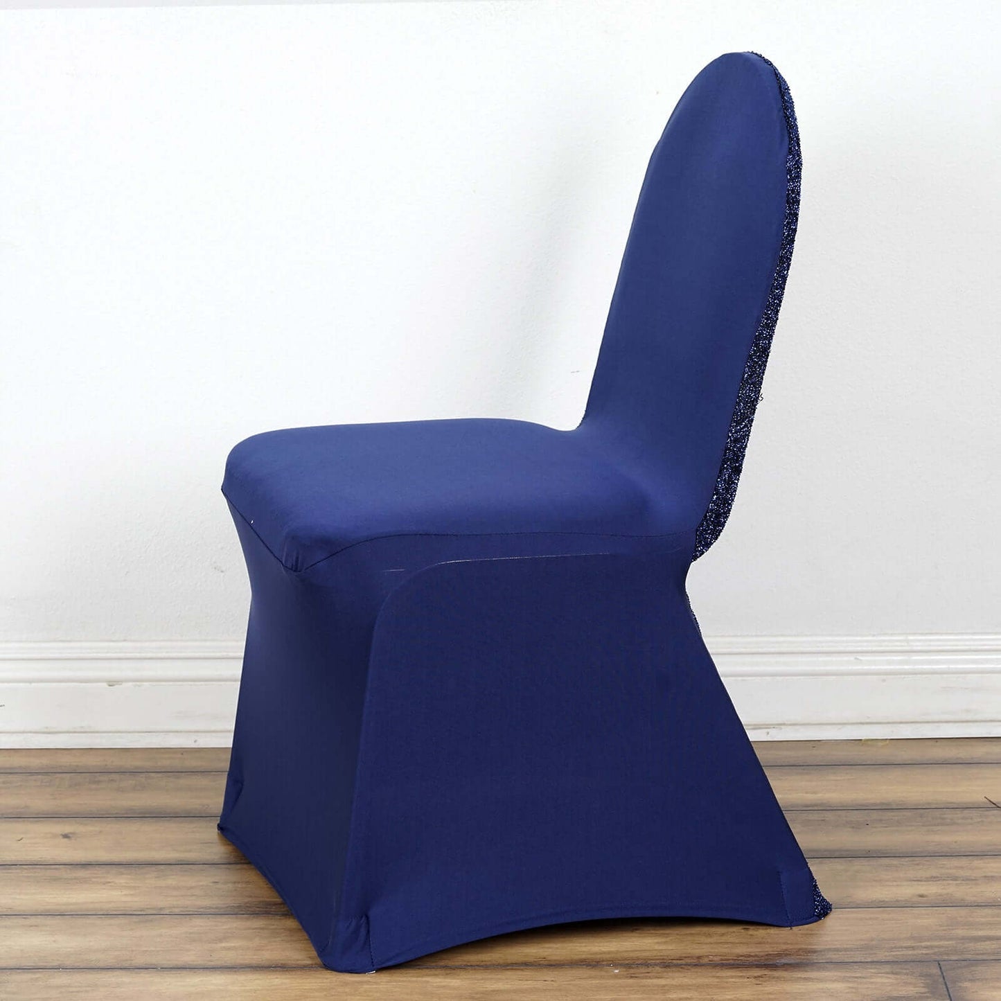 Spandex Chair Cover with Metallic Shimmer Tinsel Back for Banquet Chairs Navy Blue - Fitted Slipcover