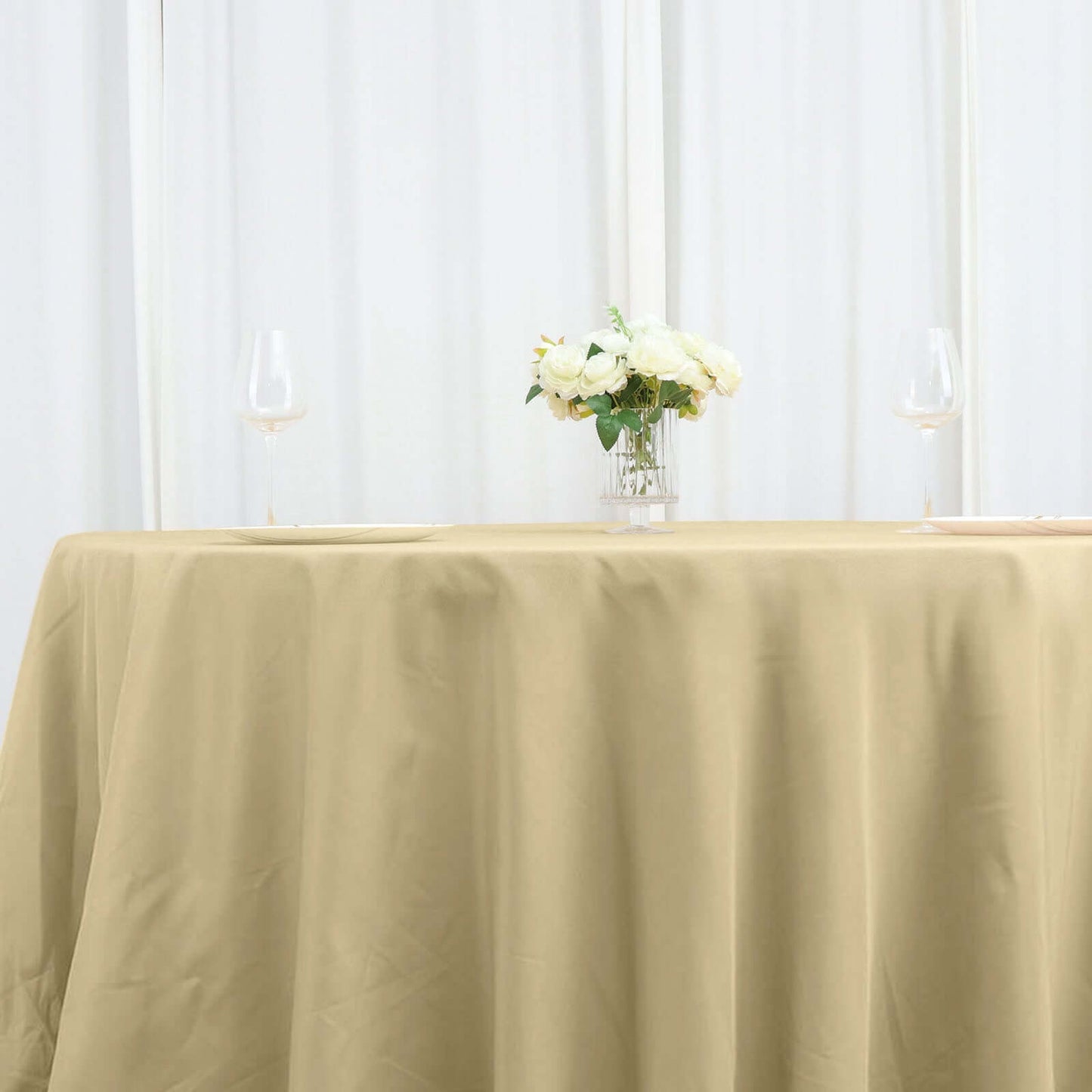 Polyester 132" Round Tablecloth Champagne - Seamless Chic Table Cover